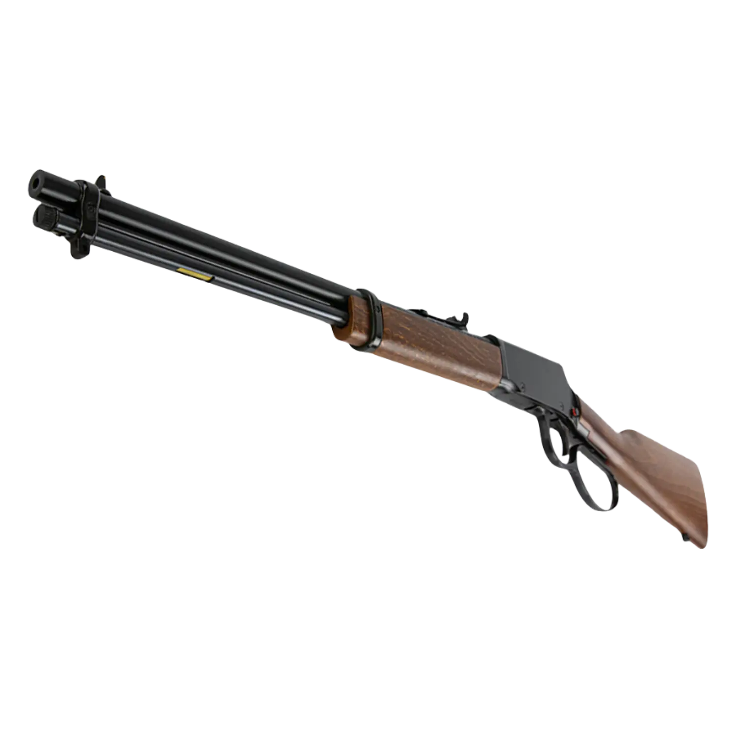 Rossi Rio Bravo Unterhebelrepetierbüchse Kaliber .22lr Holzschaft Unterhebelrepetierbüchse Rossi Rio Bravo mit Holzschaft und schwarzem Lauf, seitliche Ansicht schräg von vorne.