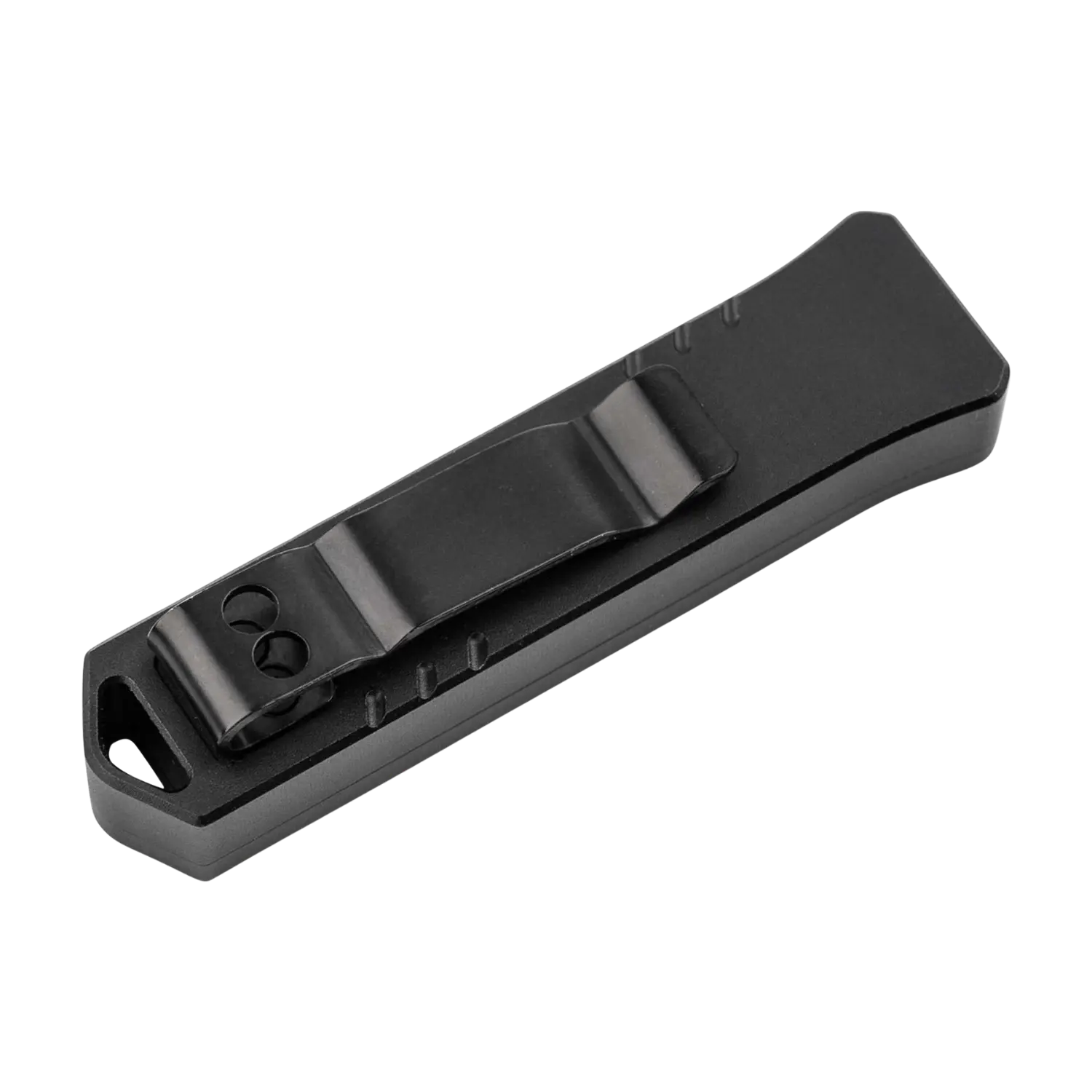 Geschlossenes schwarzes Taschenmesser Böker Plus Micro USB OTF Tanto mit Clip und rechteckigem Griff.