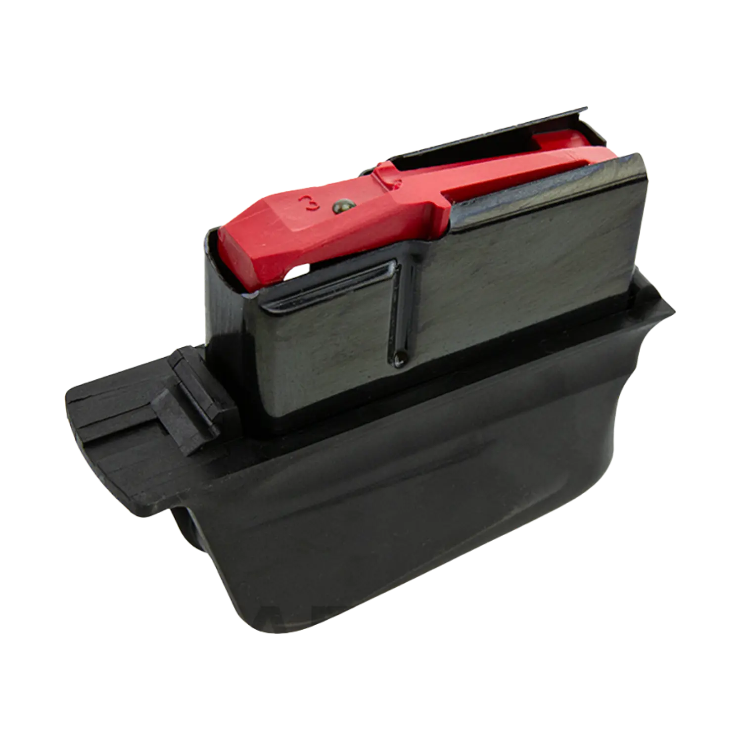 Schwarzes Magazin für Browning 30-06 mit rotem Verschlussmechanismus aus Kunststoff und Metall