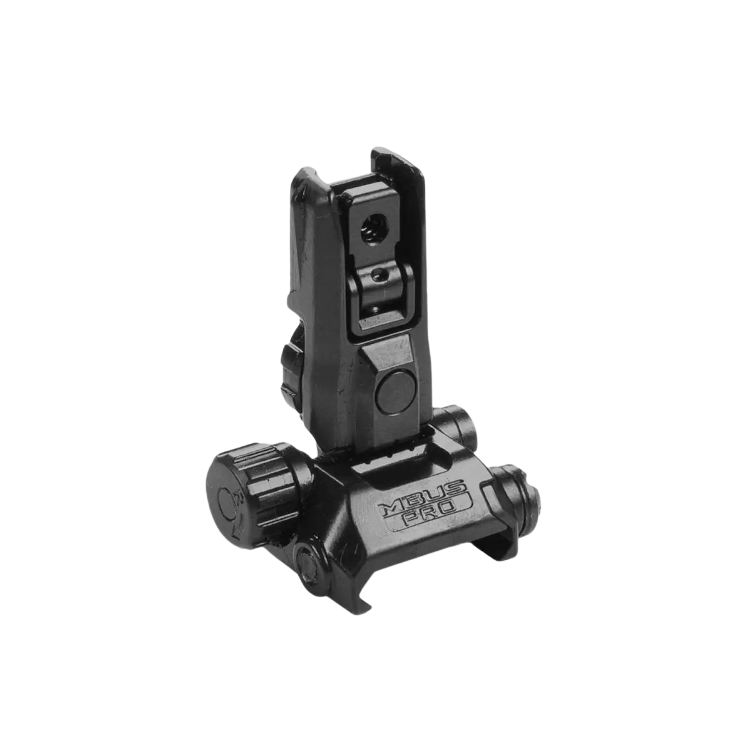 Schwarzes Magpul MBUS Pro LR Klappvisier für das hintere Gewehrvisier mit Einstellknöpfen und Klappmechanismus