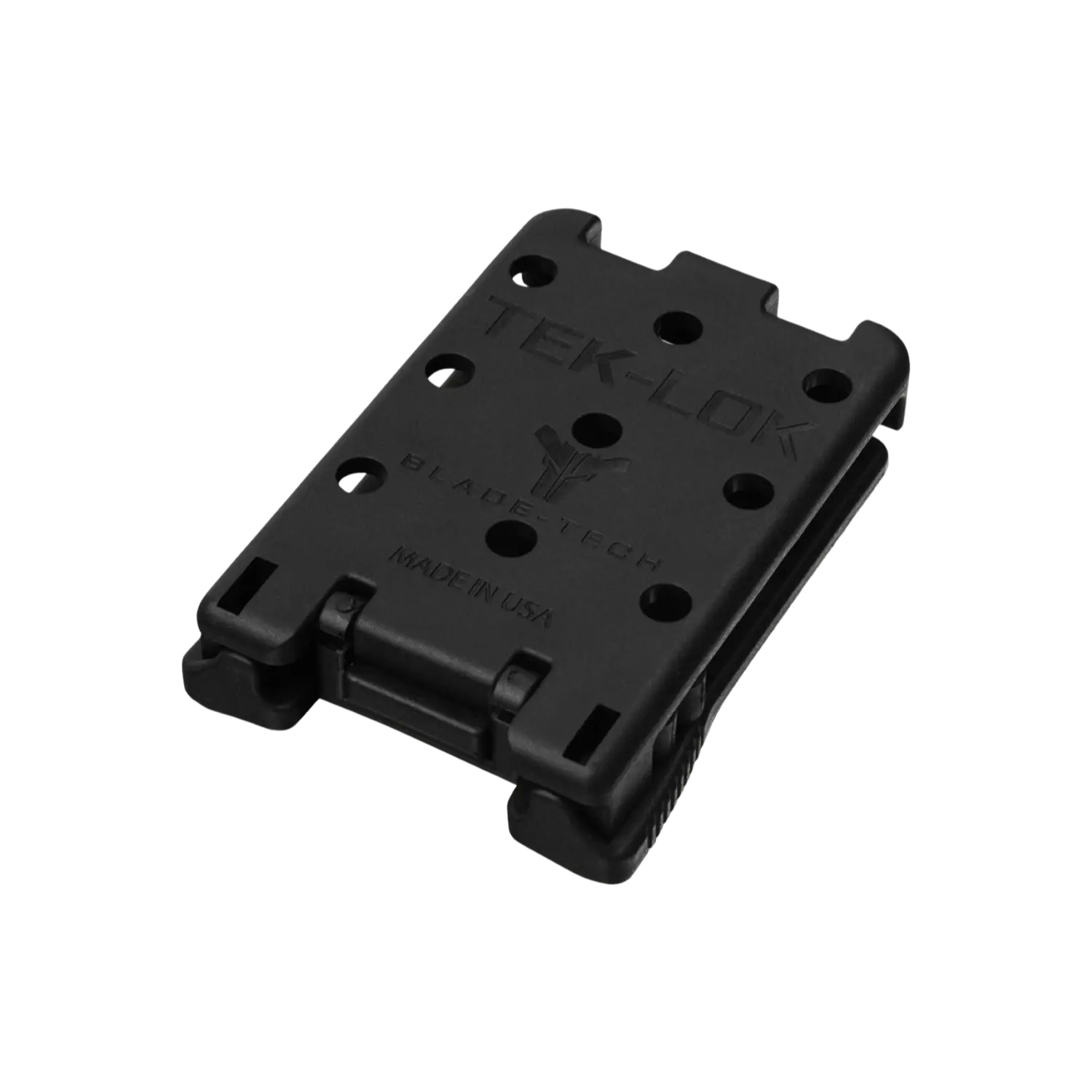 Bladetech Tek-Lok Tragesystem aus schwarzem Kunststoff mit verstellbarem Clip und Rillen für sicheren Halt