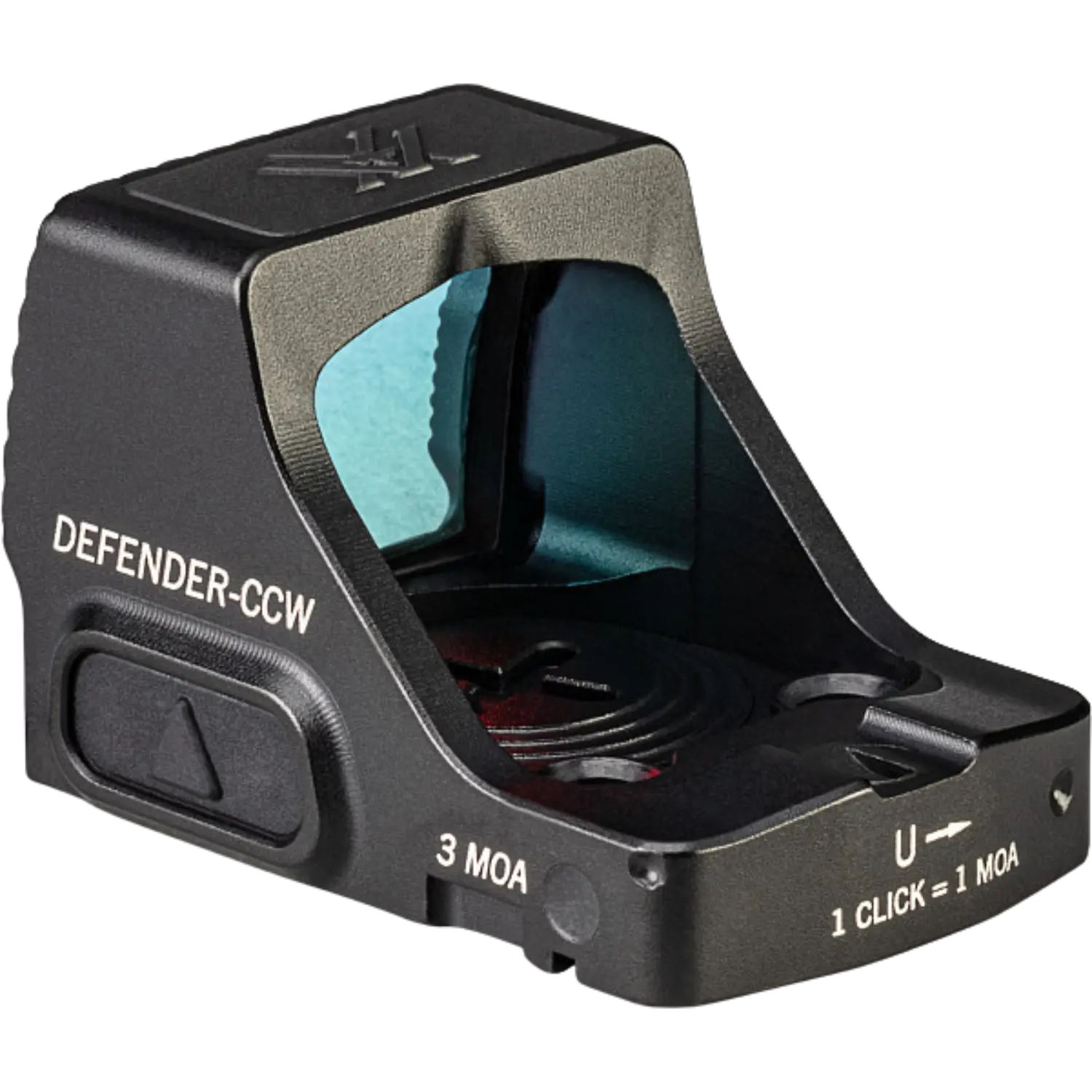 Vortex Defender CCW Red Dot 3 MOA: Kompakter Rotpunktvisier mit 3 MOA Absehen, seitlicher Knopf für Einstellungen. Schräge seitliche Abbildung mit Beschriftung Defender-CCW am Gehäuse.