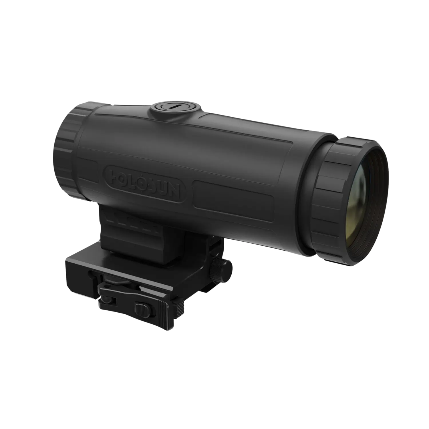 Schwarzer Holosun Magnifier HM3X mit zylindrischem Gehäuse und Montageschiene