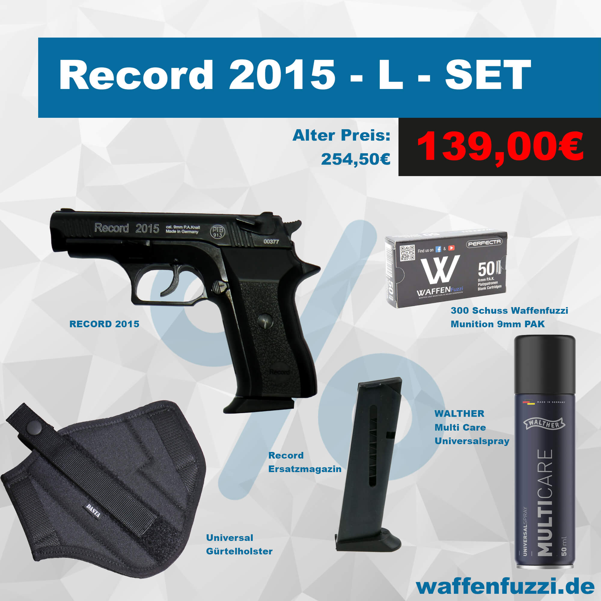 Record 2015 Schreckschusswaffen Set L bestehend aus 300 Schuss + Pflegeöl + Holster + Ersatzmagazin