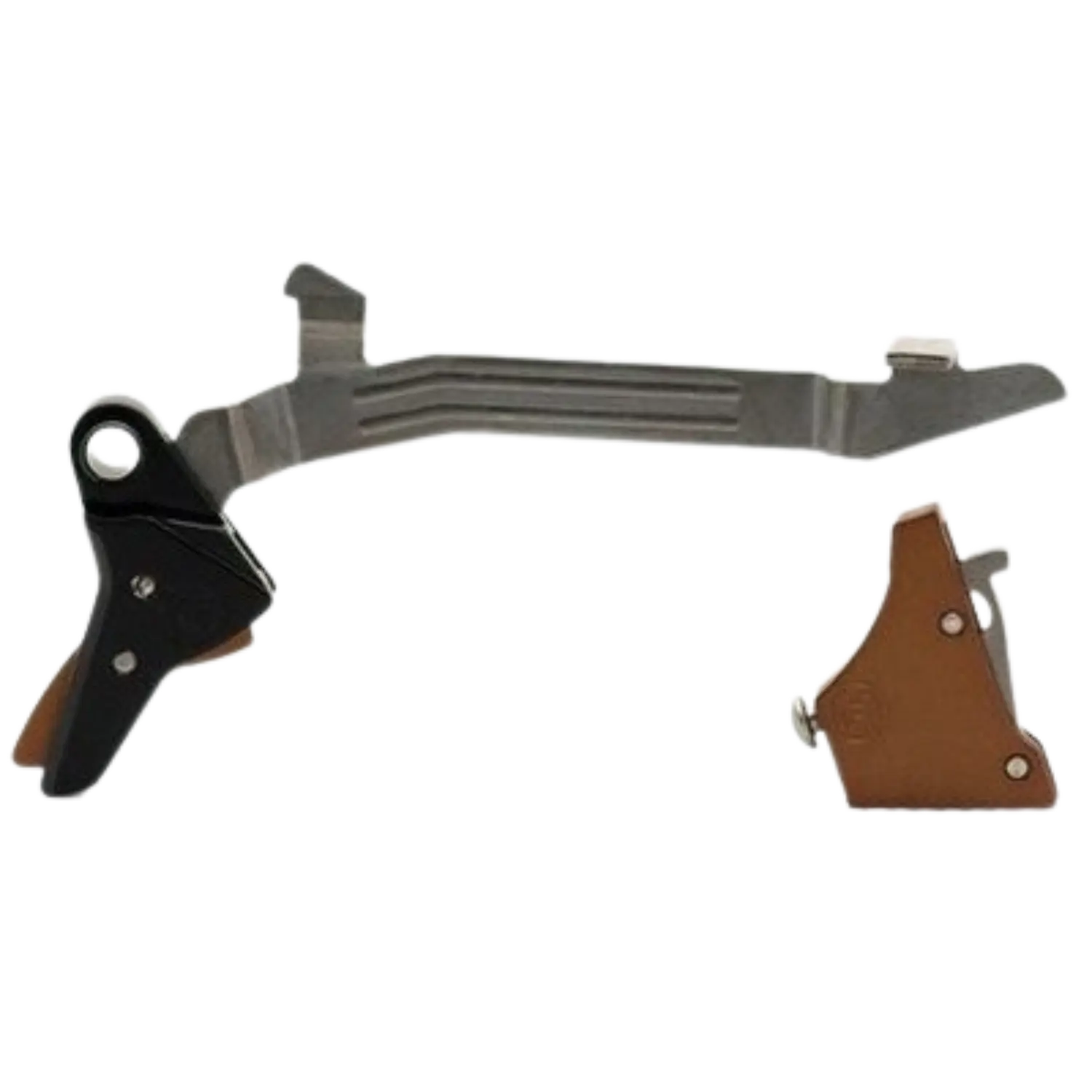 Metallischer Abzug mit schwarzem und braunem Teil, länglich mit mehreren Befestigungspunkten und Hebeln, Bauteil eines Mechanismus.