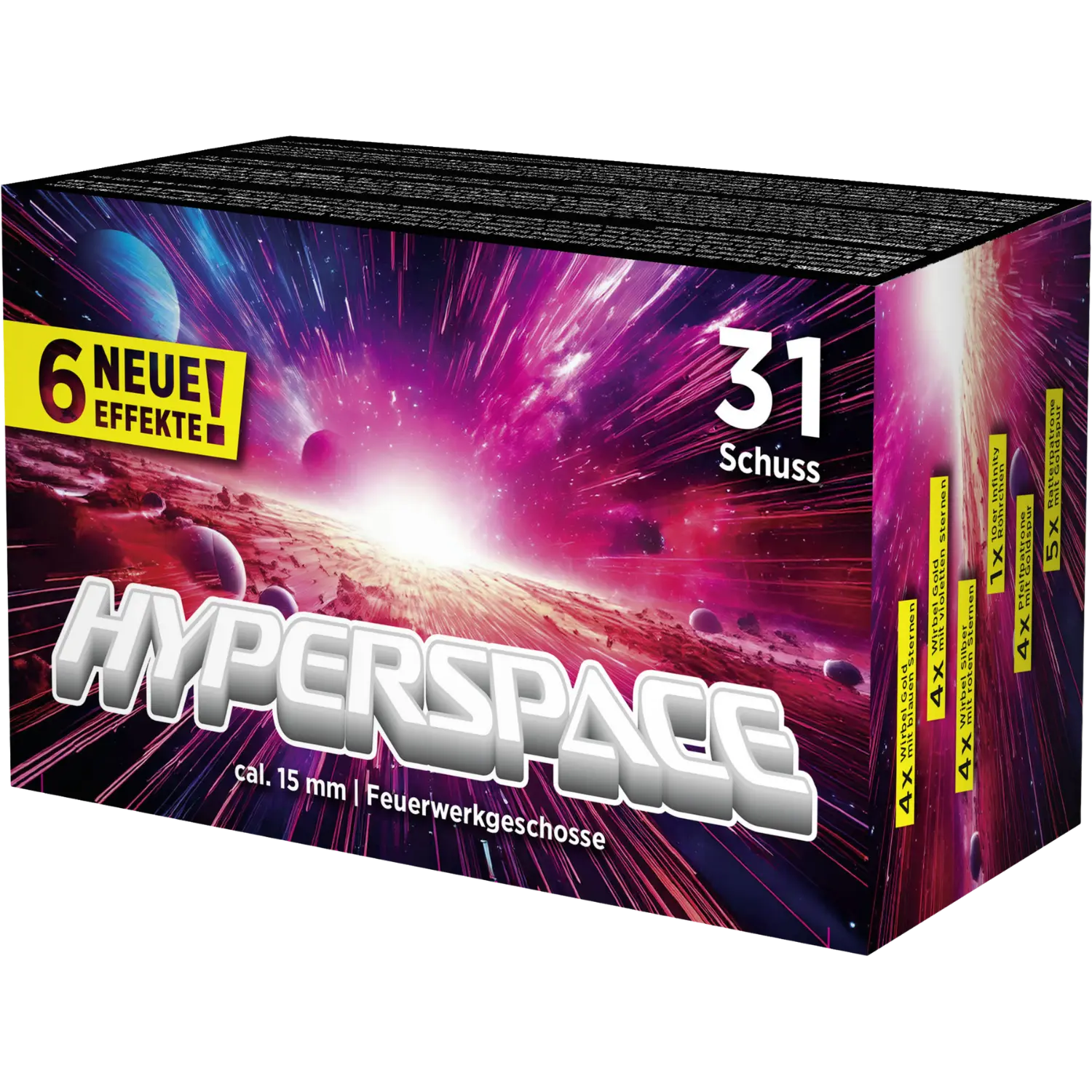 Rechteckige Verpackung mit Weltraummotiv, Text 'HYPERSPACE', 'cal. 15 mm | Feuerwerksgeschosse', '6 NEUE EFFEKTE!', '31 Schuss' in Weiß und Gelb auf violettem Hintergrund.
