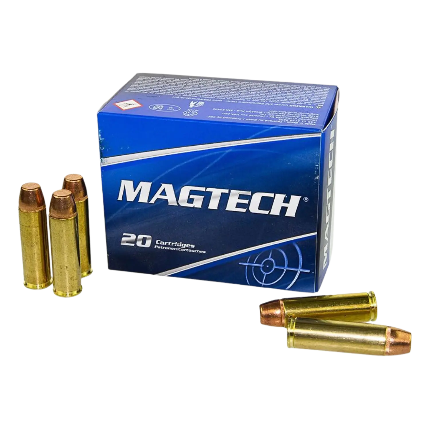 Eine blaue Verpackung mit der Aufschrift 'MAGTECH' und der Anzahl '20' steht neben fünf Patronen mit goldenen Hülsen und kupferfarbenen Geschossen.