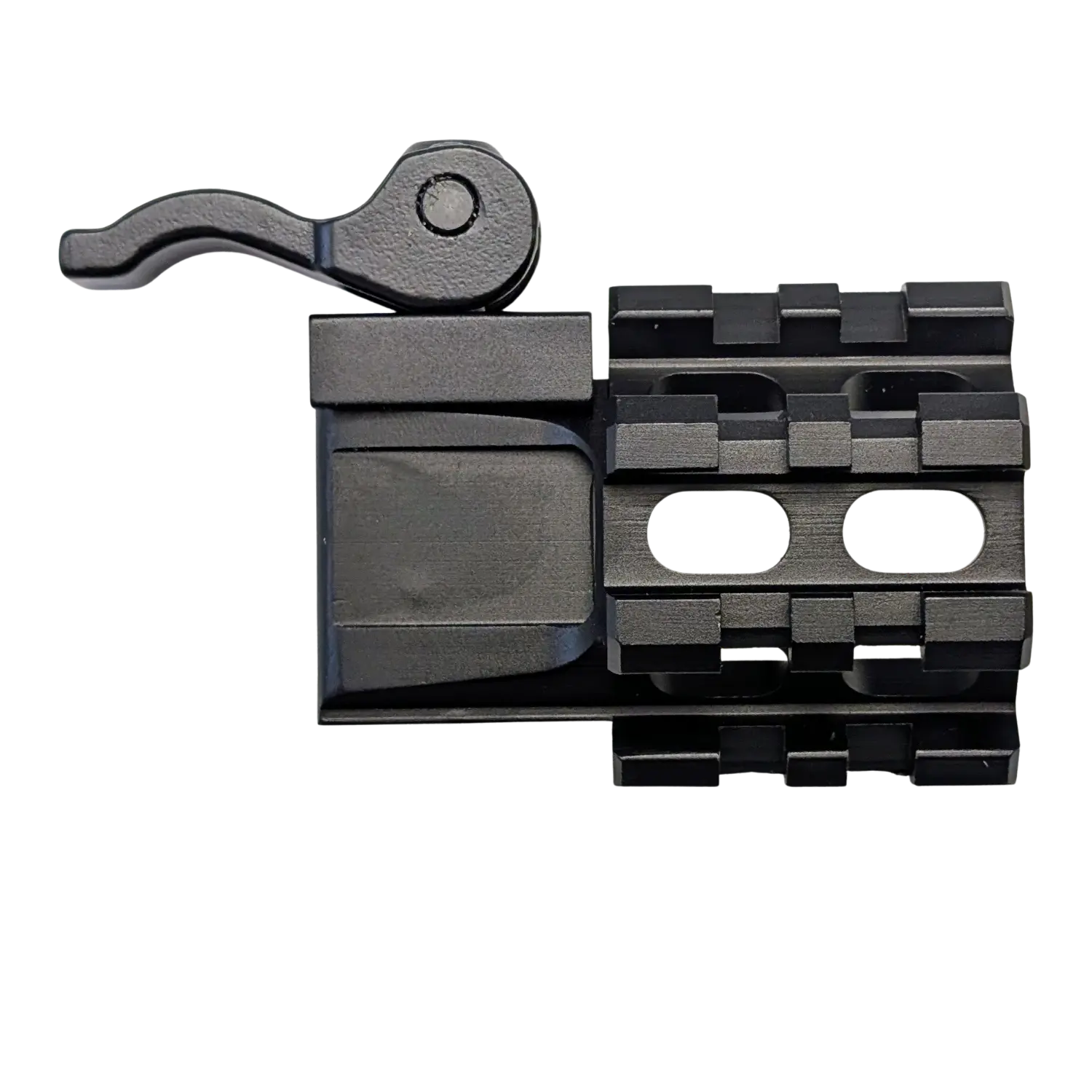 Schwarze UTG Tri-Rail 2-Slot-Winkelhalterung mit QD-Hebel aus Metall mit zwei ovalen Befestigungslöchern und Schienenprofil