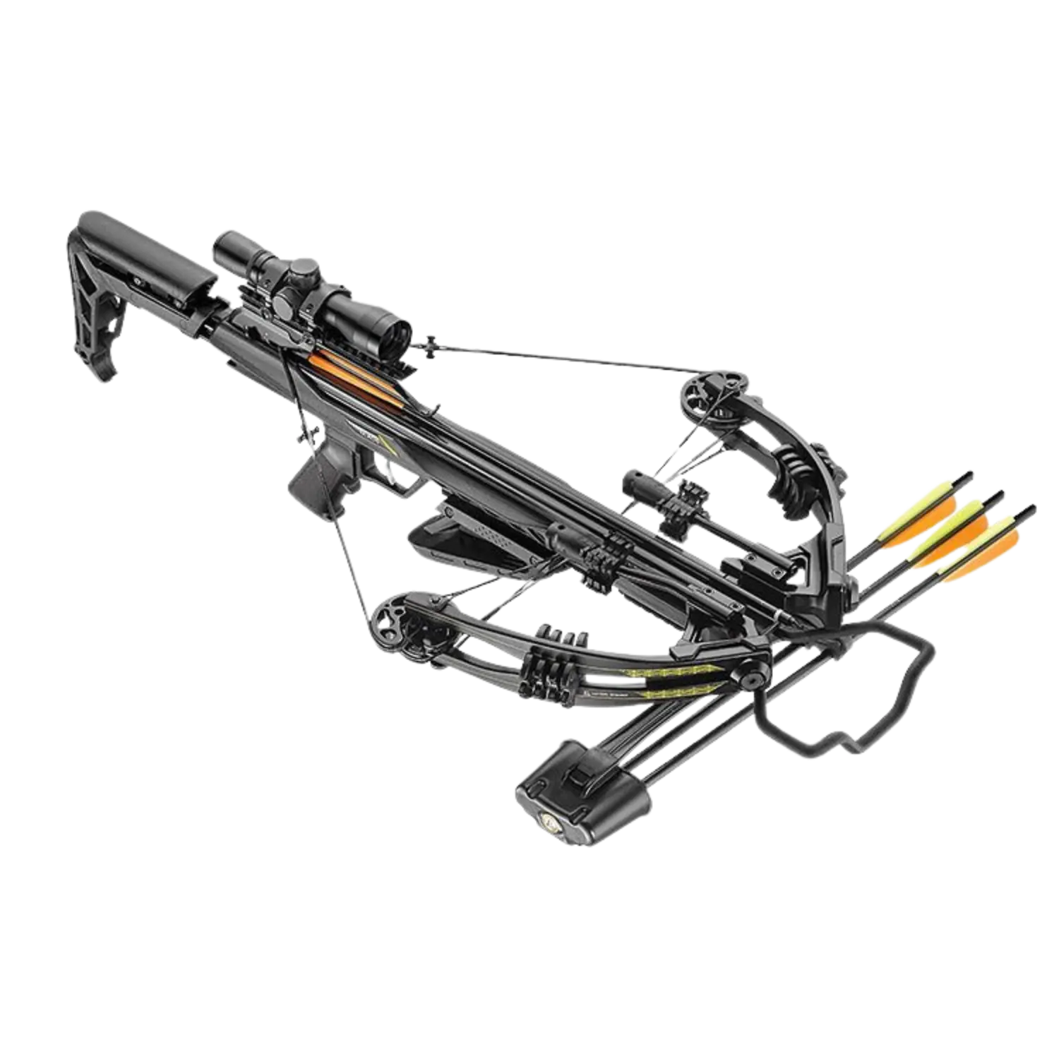 Schwarze Armbrust mit Zielfernrohr, Spannvorrichtung und ergonomischem Griff, seitliche Ansicht