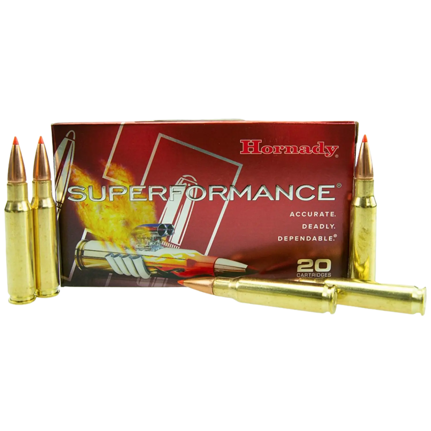 Eine Packung Hornady Superformance 30-06 mit 20 Patronen. Fünf Patronen stehen vor der Packung, die eine rote und silberne Farbgestaltung hat.