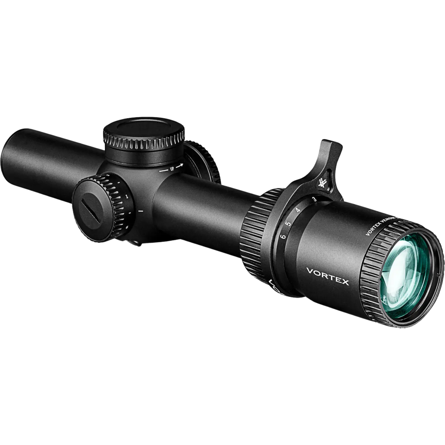 Vortex Zielfernrohr Venom 1-6x24 SFP AR-BDC3 Vortex Zielfernrohr Venom, schwarzes Gehäuse, länglicher Körper mit verstellbarem Okular und zwei Turmknöpfen für die Einstellung. Vortex Logo rechts.