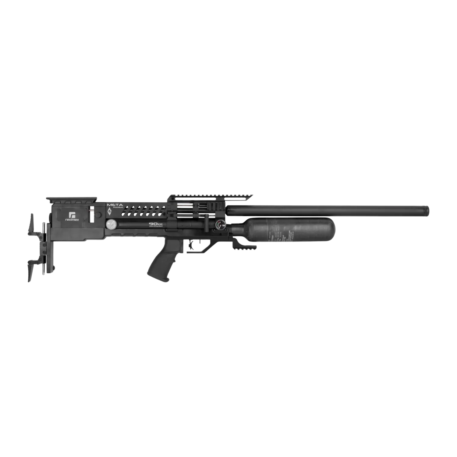 Luftgewehr von Reximex, seitliche Ansicht, schwarz, mit langem Lauf, Druckluftbehälter, Picatinny-Schienen und einem stabilen Schaft.