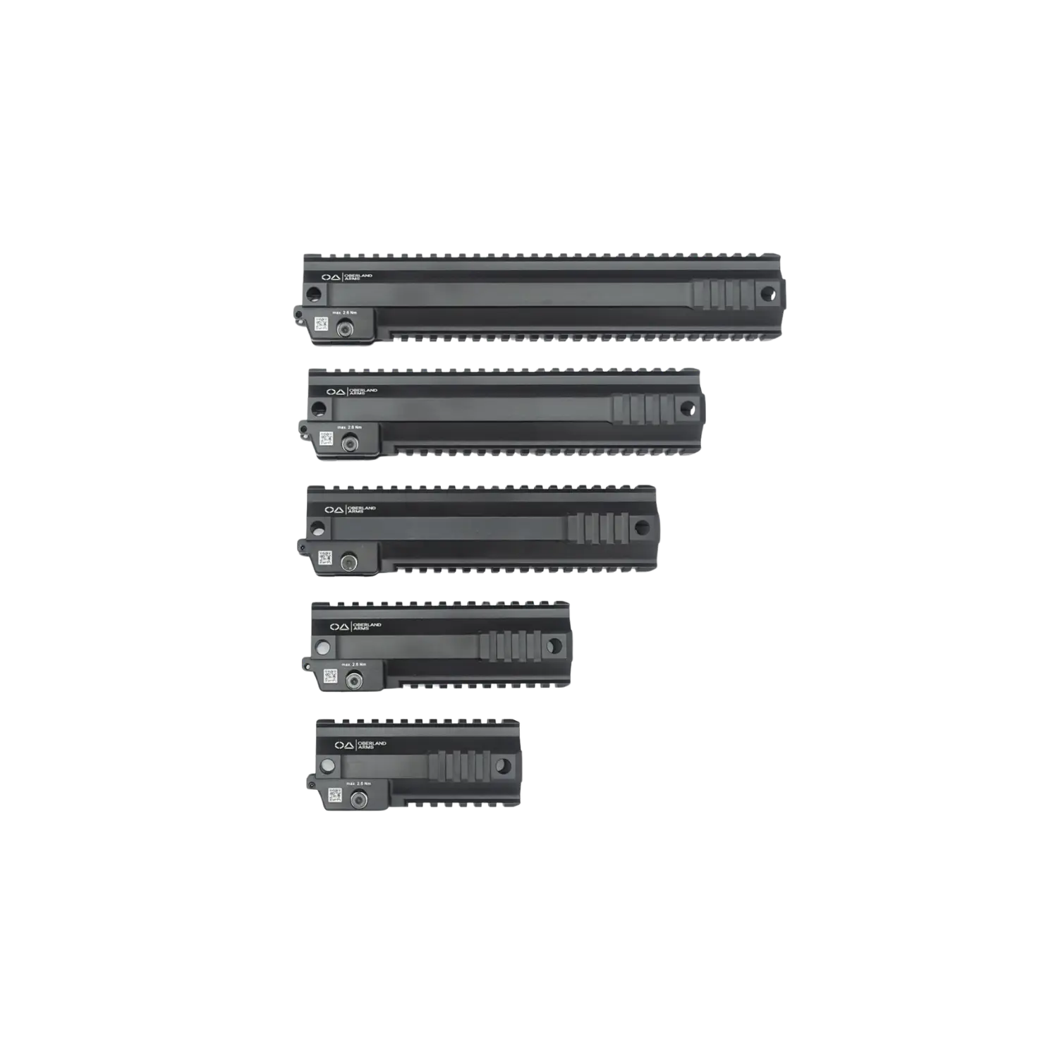 Fünf schwarze OA Modular Sporting Rail Handschützer in unterschiedlichen Längen, von lang bis kurz, nebeneinander angeordnet