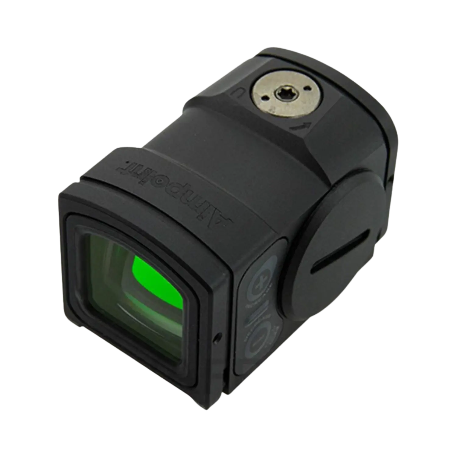 Schwarzes Aimpoint ACROC-2 Reflexvisier mit quadratischem Objektiv und sichtbarem grünen Glas, seitlich zwei Bedientasten und Metallbefestigung oben.