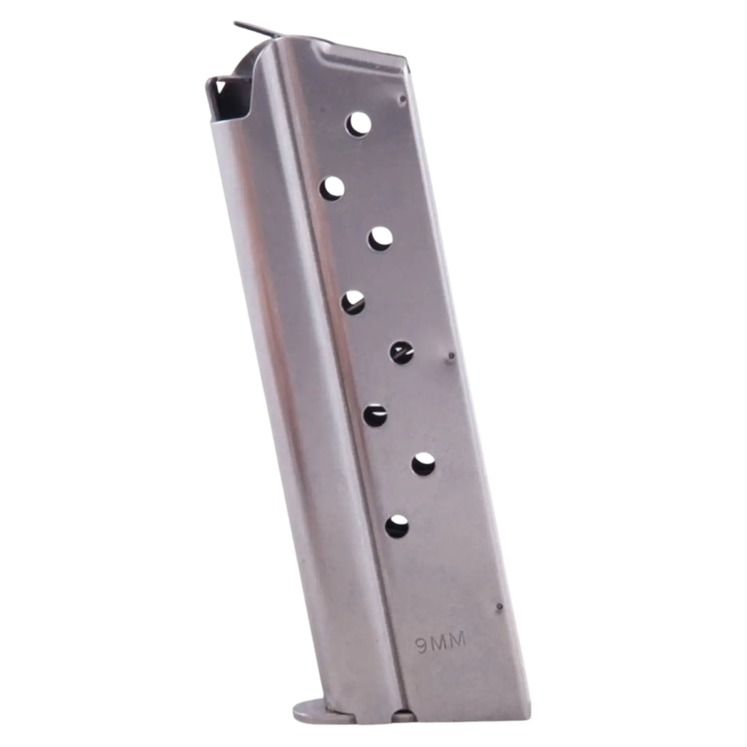 Edelstahl-Magazin für 1911-Stil, 9x19 mm, 9 Schuss, mit Löchern zur Sichtprüfung des Füllstands, seitlich stehend.