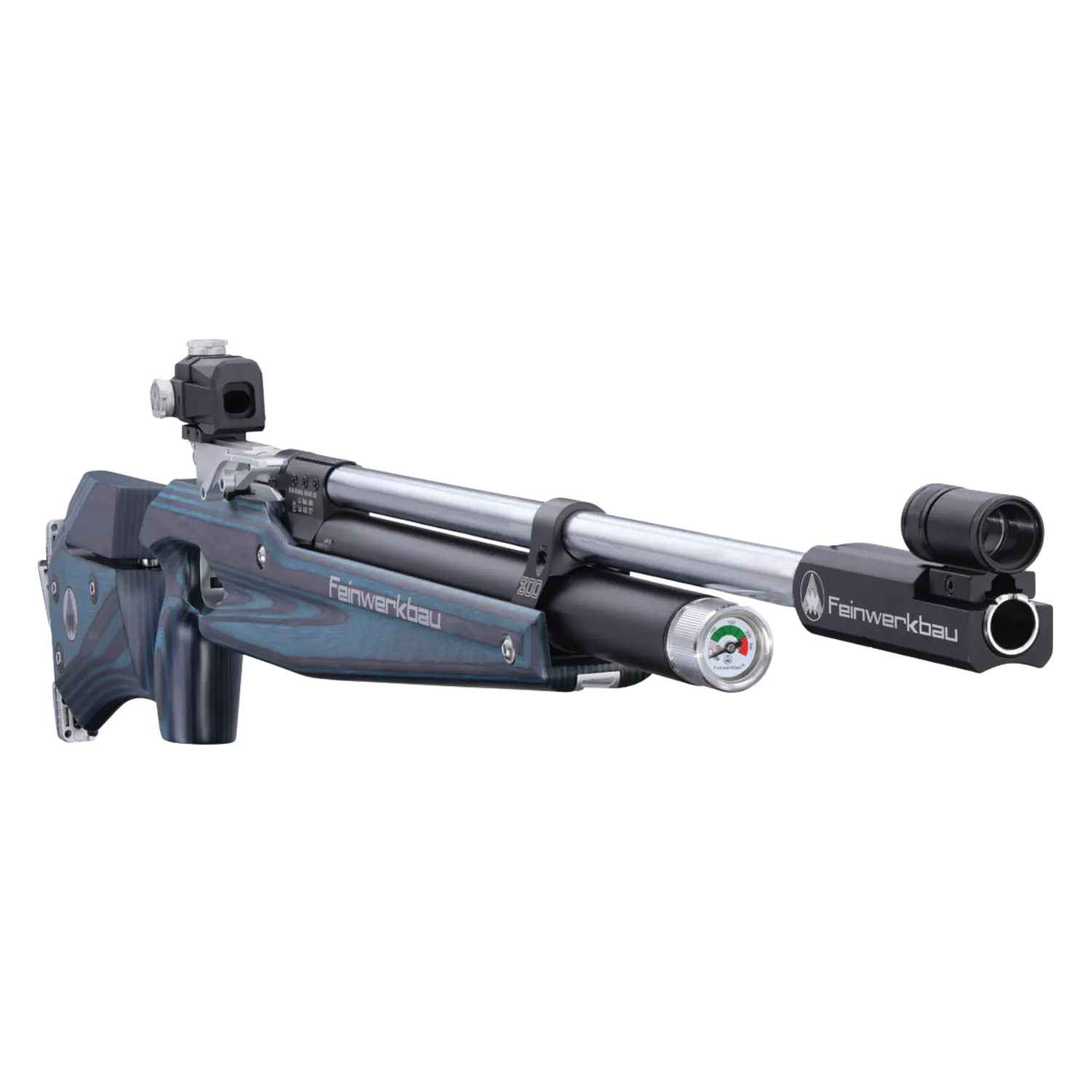 Feinwerkbau 800 Universal Kaliber 4,5mm Schichtholz Blau I Dunkelgrau Feinwerkbau Luftgewehr mit blau-schwarzem Schichtholzschaft, Zielfernrohr, Luftdruckzylinder und verstellbarem Schaftkamm.