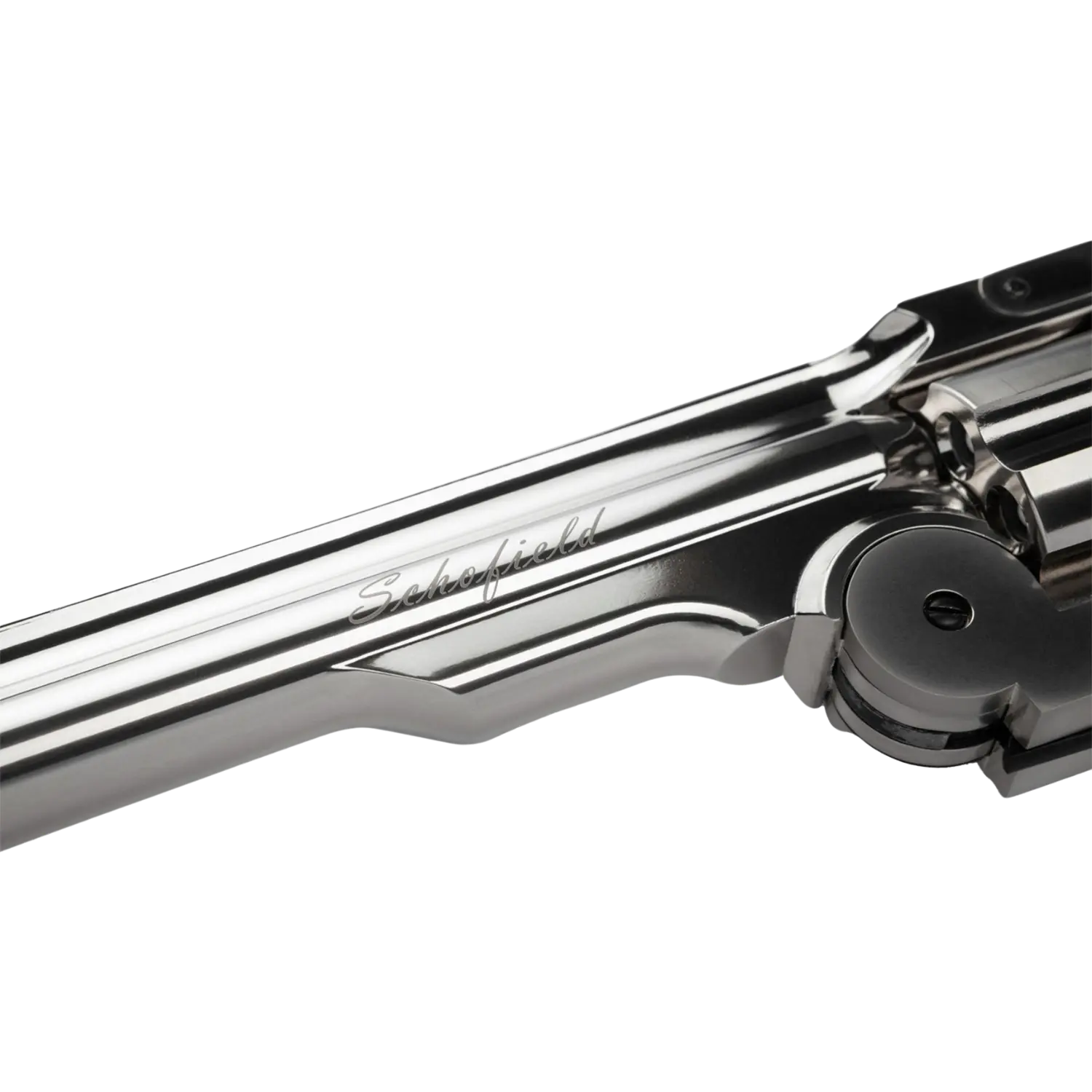 Silberner Schofield Revolver mit 6 Zoll Lauf, sichtbar ist die Gravur 'Schofield' auf dem Lauf.