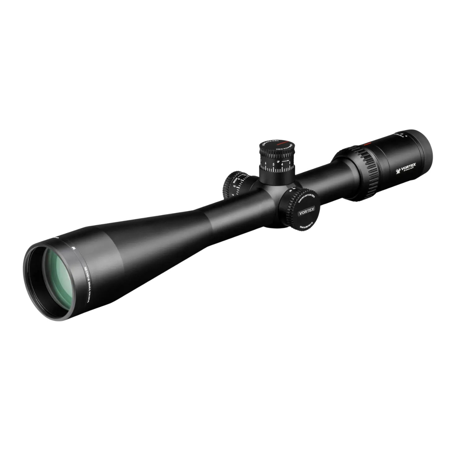 Vortex Zielfernrohr Viper HS LR 6-24x50, schwarz, länglich mit einem großen Objektiv, einstellbarem Turm und seitlichem Parallaxenversteller.