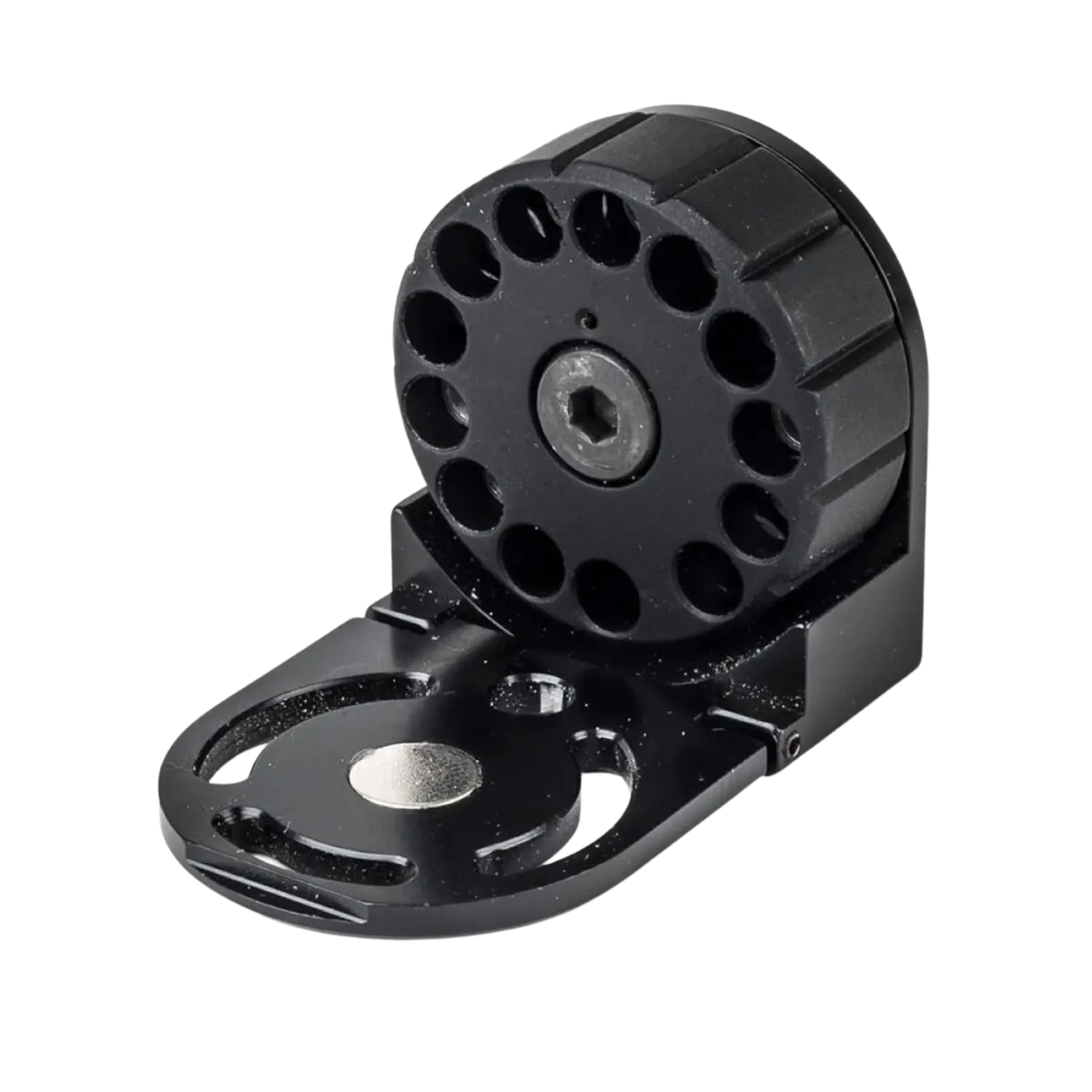 Schwarzes Magazin für Daystate Luftgewehr, mit runder Form und 10 Kammern für 4,5 mm Diabolos, geöffnet und auf einer flachen Oberfläche platziert.