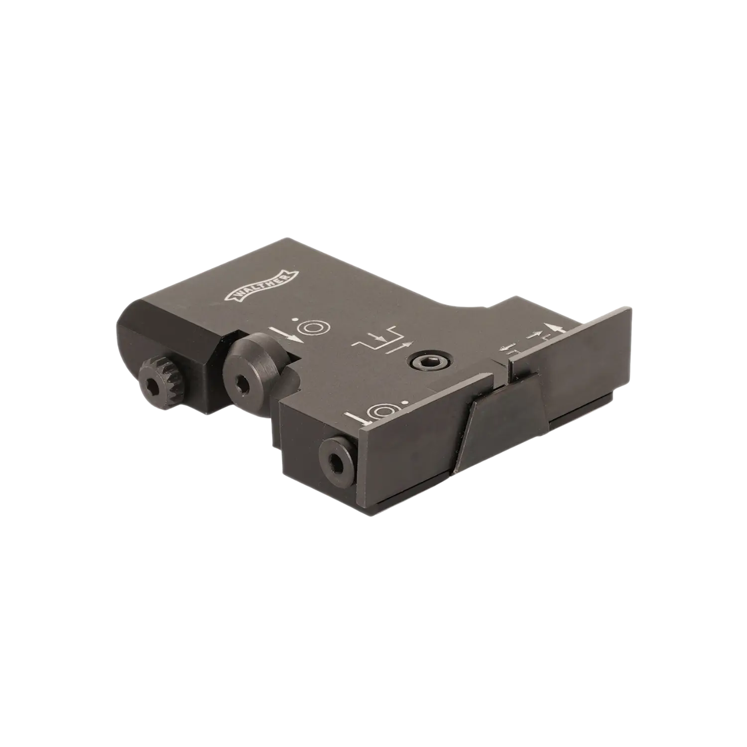 Schwarzes Walther Visier mit verstellbarer Kimme für GSP500 mit Einstellrädern und weißen Markierungen.