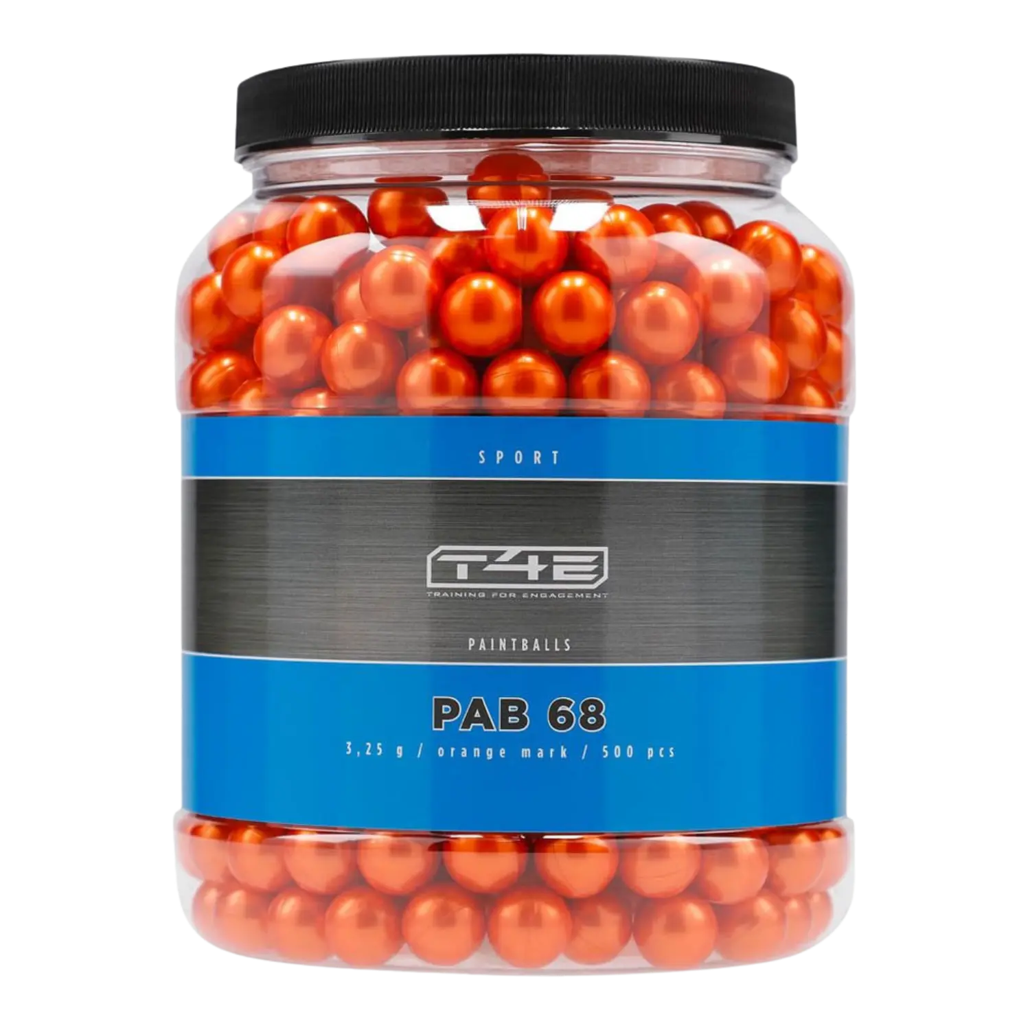 orangene Paintballs in einem Schraubglas mit der Aufschrift T4E PAB 68