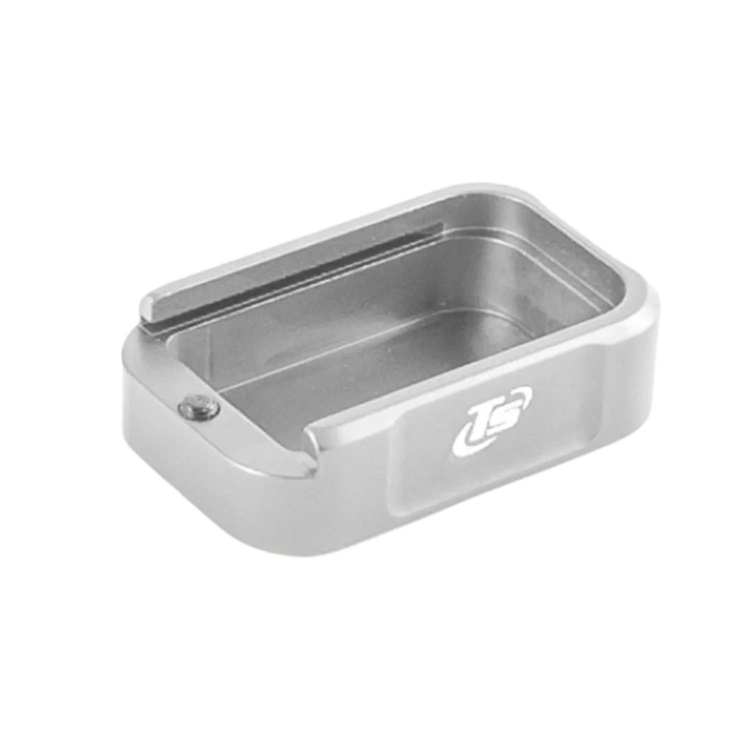 Toni System Magazinboden +1,5 IPSC Box kompatibel für CZ Shadow Silber Silbernes rechteckiges Magazinbodenstück mit abgerundeten Ecken und weißem 'TS'-Logo auf der Seite.