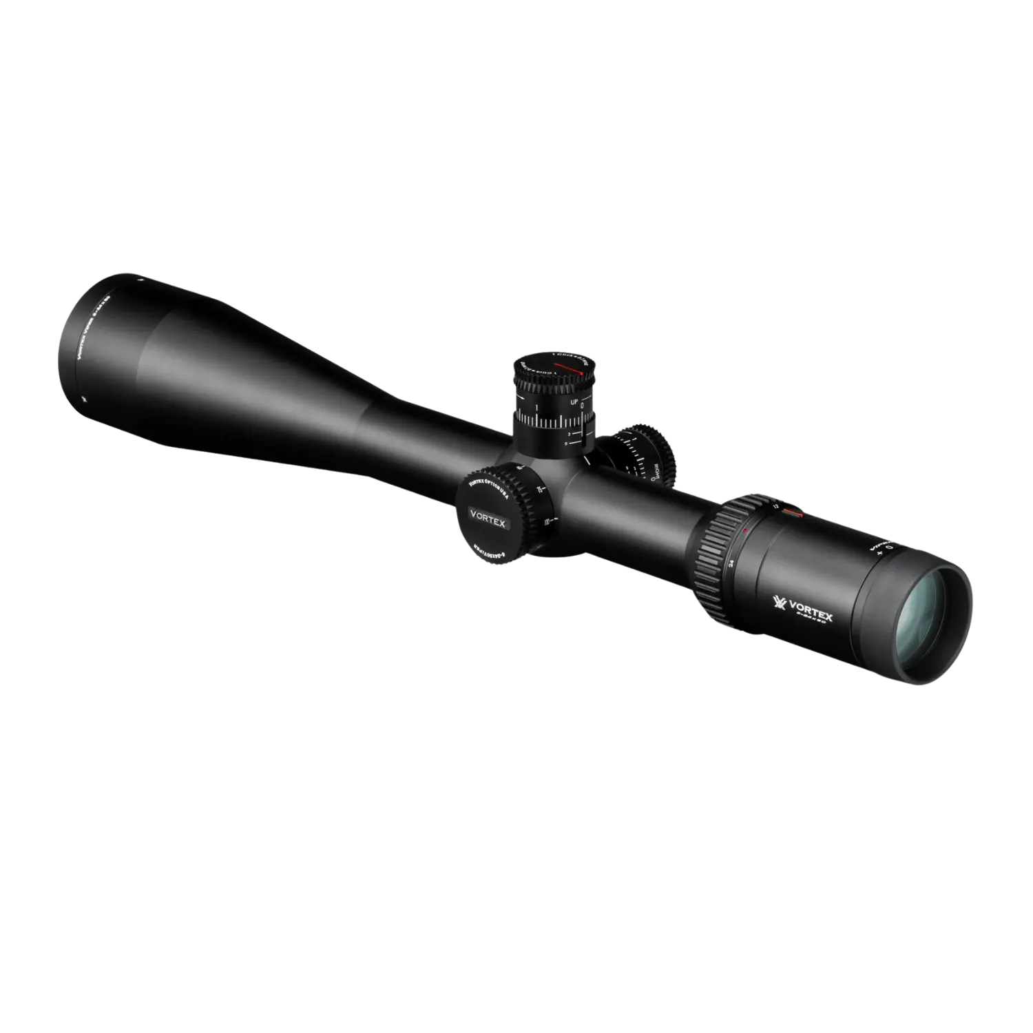 Vortex Zielfernrohr Viper HS-T 6-24x50, schwarz, länglich mit zwei verstellbaren Turmknöpfen und einem Objektiv mit grünem Glas.