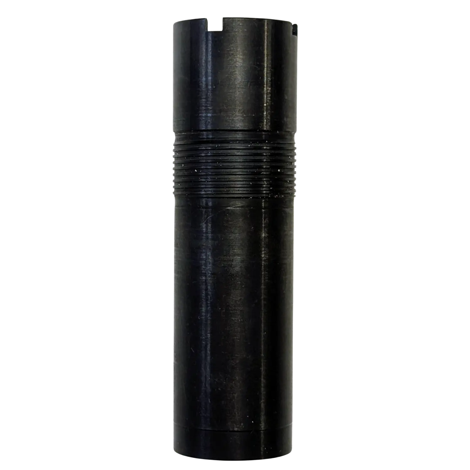 Zylindrisches, schwarzes Metallteil mit Gewindegängen und vier Aussparungen am oberen Ende