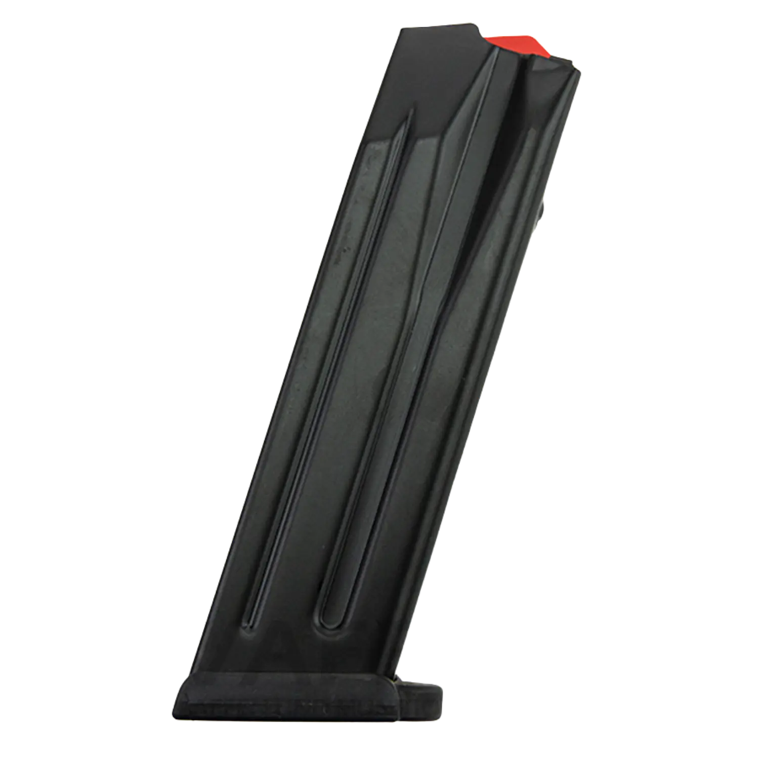 Schwarzfarbiges Magazin für die Heckler Koch SFP9, 15 Schuss Kapazität, längliche Form mit einer roten Markierung an der Oberseite.
