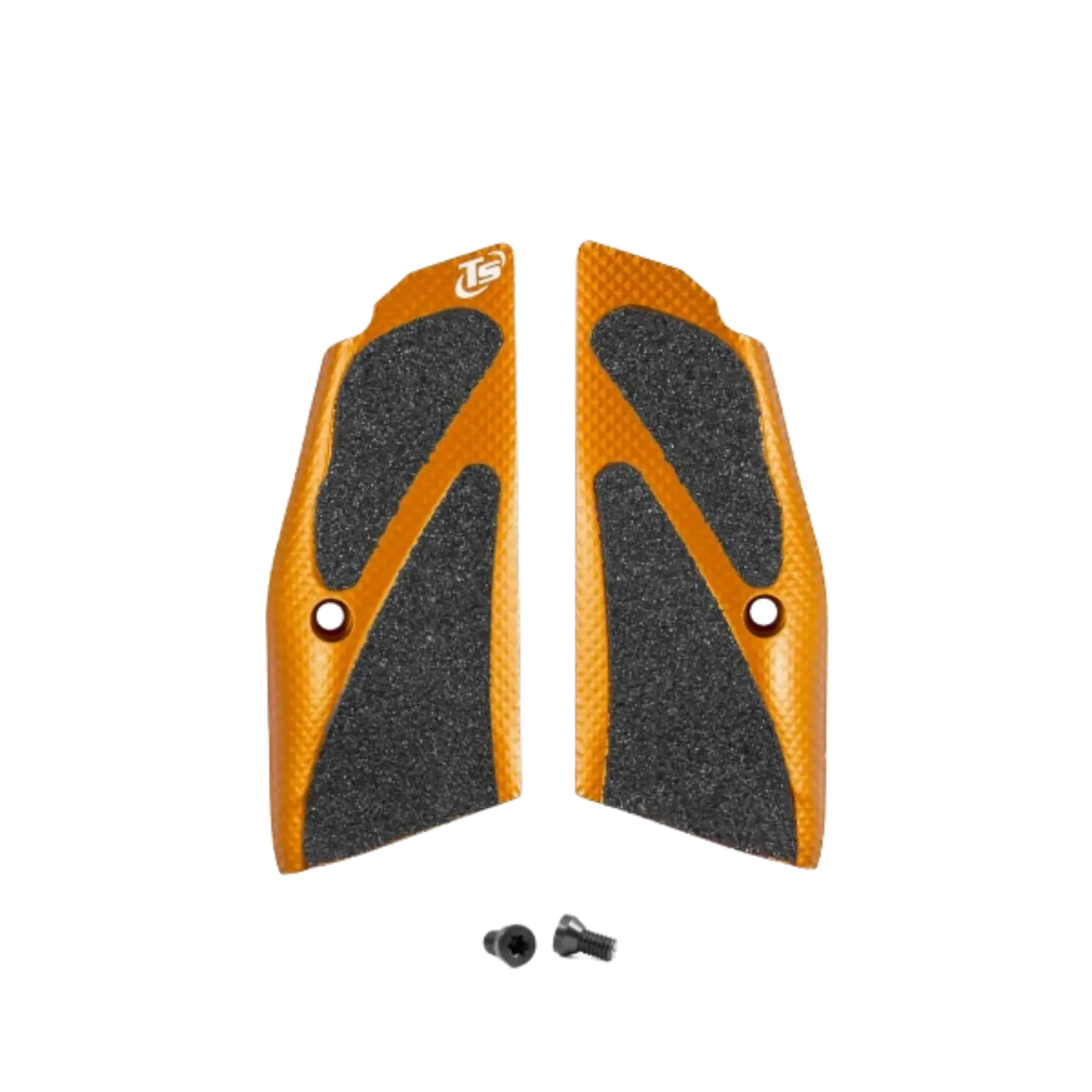 Toni System X3D Griffschalen für CZ Pistolen Orange Kurz Paar orangefarbene Griffschalen mit schwarzer Gummieinlage und zwei schwarzen Schrauben darunter.