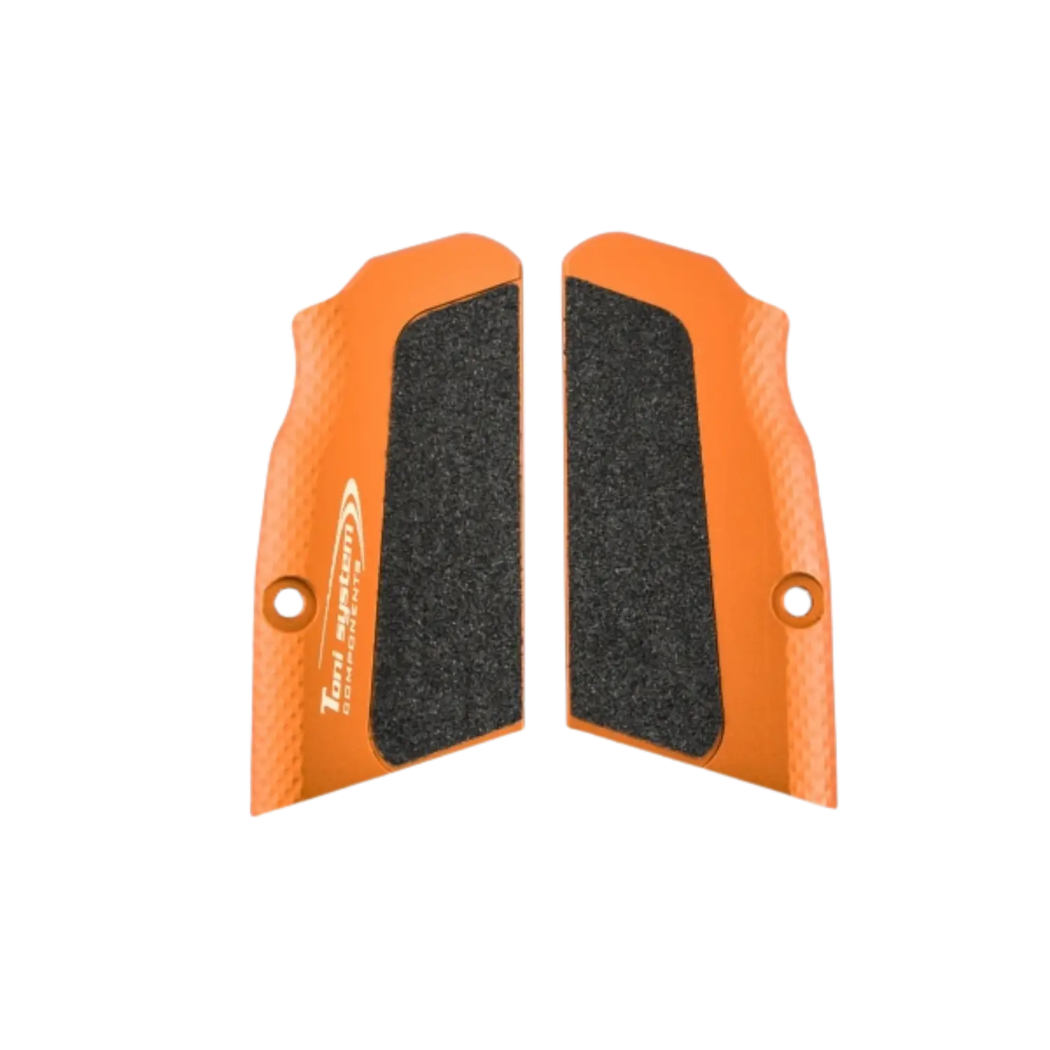 Zwei orangene Toni System High-Grip Griffschalen für Tanfoglio Large Frame kurz mit strukturierter Griffoberfläche und Logoaufdruck.
