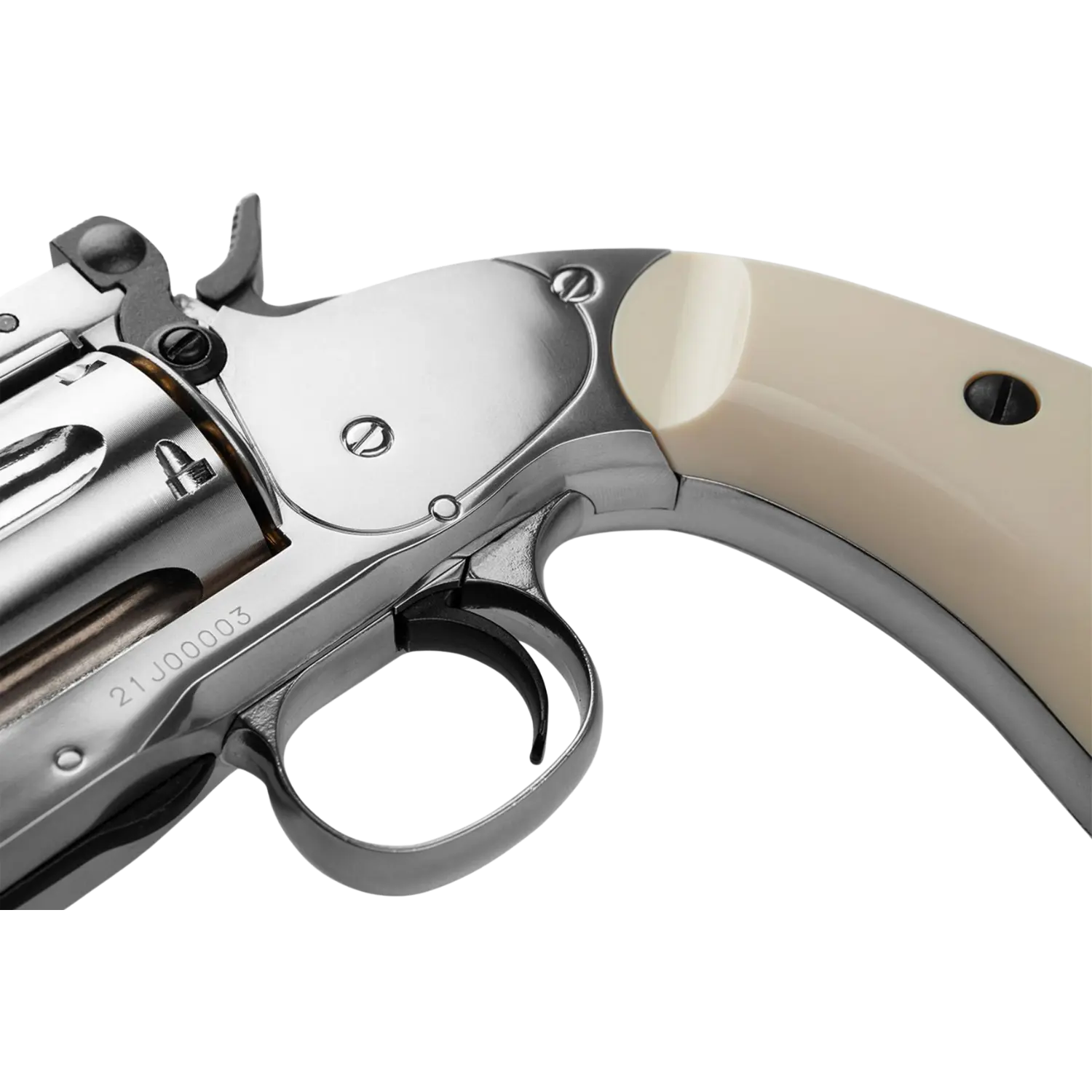 Detailansicht eines Schofield Revolvers mit 6 Zoll Lauf, silberner Metalloberfläche und ivory-farbenem Griff. Sichtbar sind der Abzug und Teile des Zylinders.