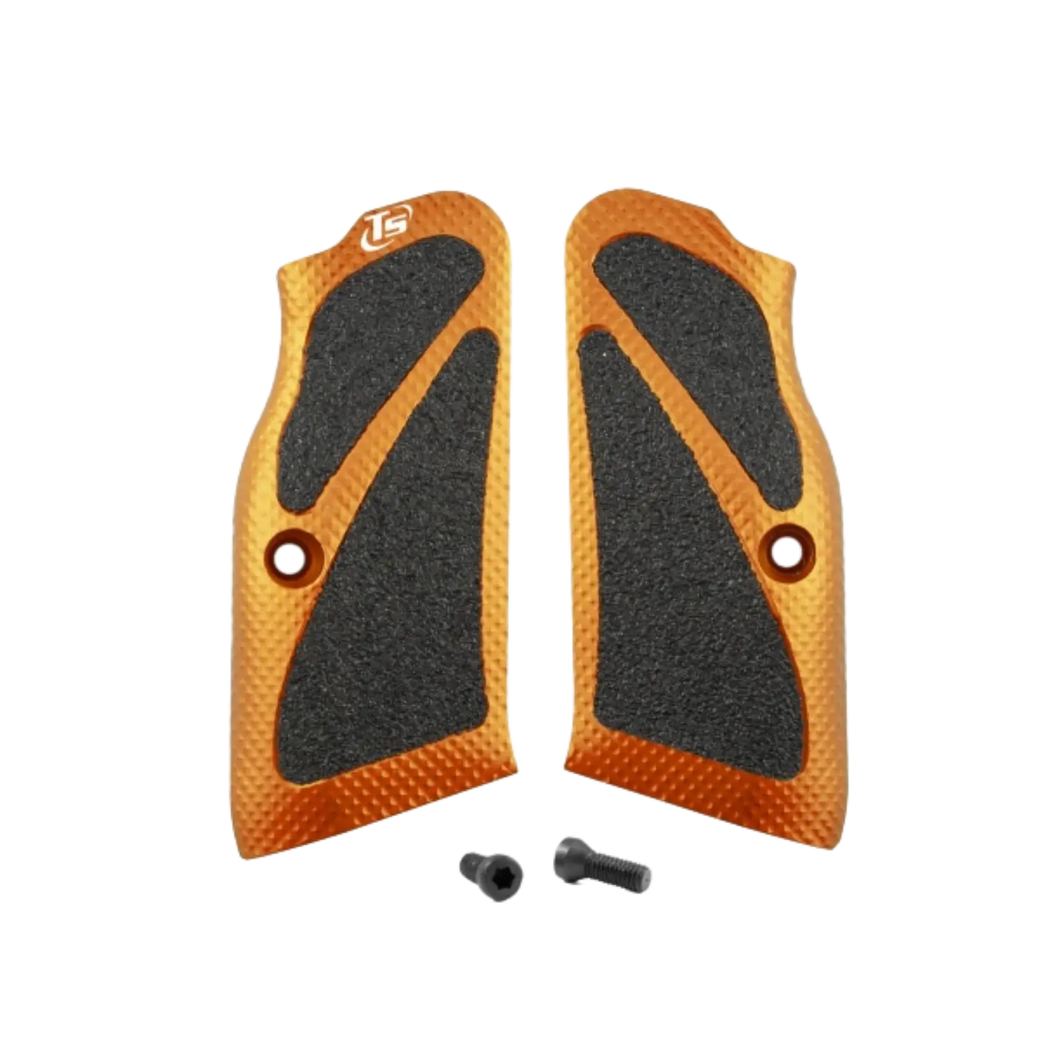 Paar orangefarbener Griffschalen mit schwarzen rutschfesten Einsätzen und zwei Schrauben für Tanfoglio Large Frame Pistolen