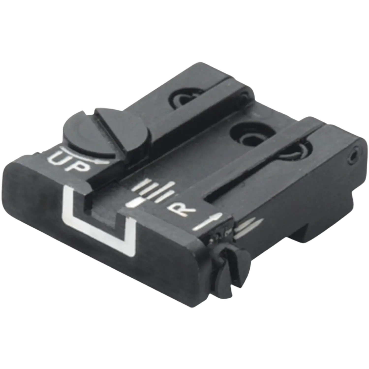 LPA Mikrometer-Visier "TPU" ohne Korn für Glock-Pistolen White Outline Schwarzes Metallteil mit zwei weißen Punkten, Beschriftung 'UP' und Justierskala mit Pfeilen, zwei Schraubenlöchern, rechteckige Form.