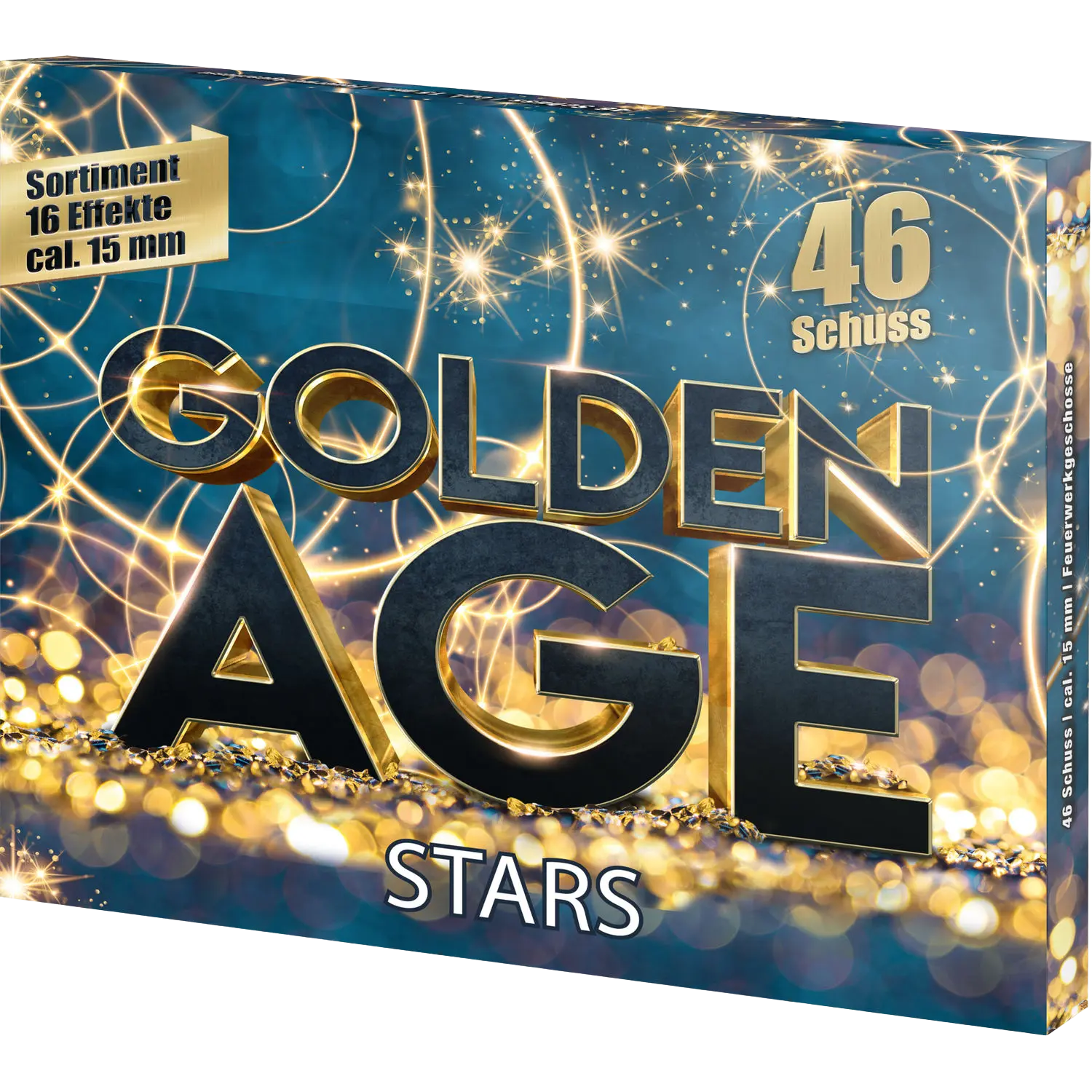 Rechteckige Verpackung mit gold-glänzendem Schriftzug 'GOLDEN AGE STARS' vor blauem Hintergrund mit goldenen Lichtpunkten und Funken. Oben links steht 'Sortiment 16 Effekte cal. 15 mm', oben rechts '46 Schuss'.