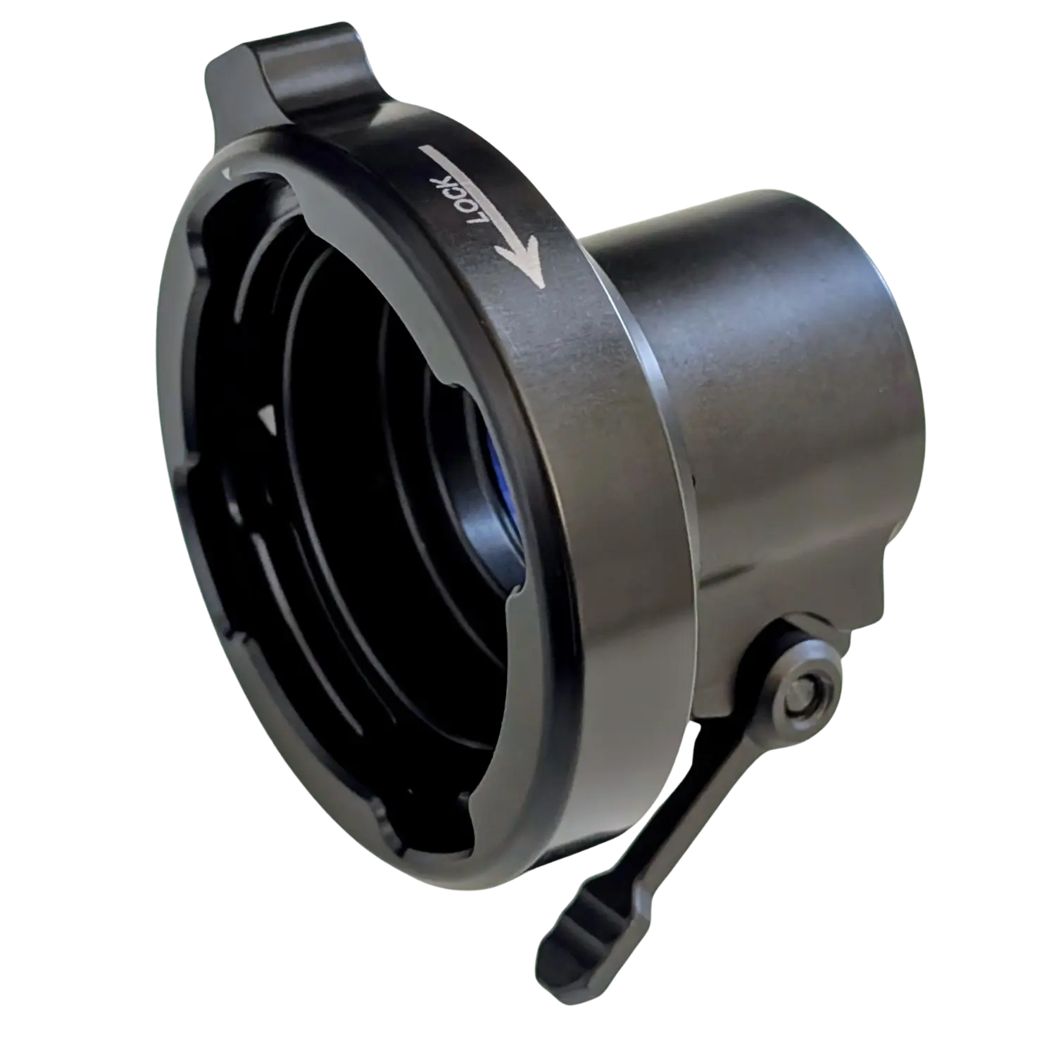 Rusan Klemmadapter universal 30mm aus Metall mit Hebelverschluss und Lock-Pfeil.