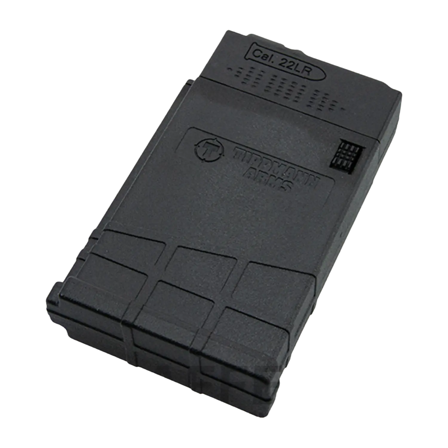 Schwarzes Tippmann M4-22 Magazin für Kaliber .22lr mit 10 Schuss Kapazität, rechteckig mit strukturierten Flächen und Beschriftung.
