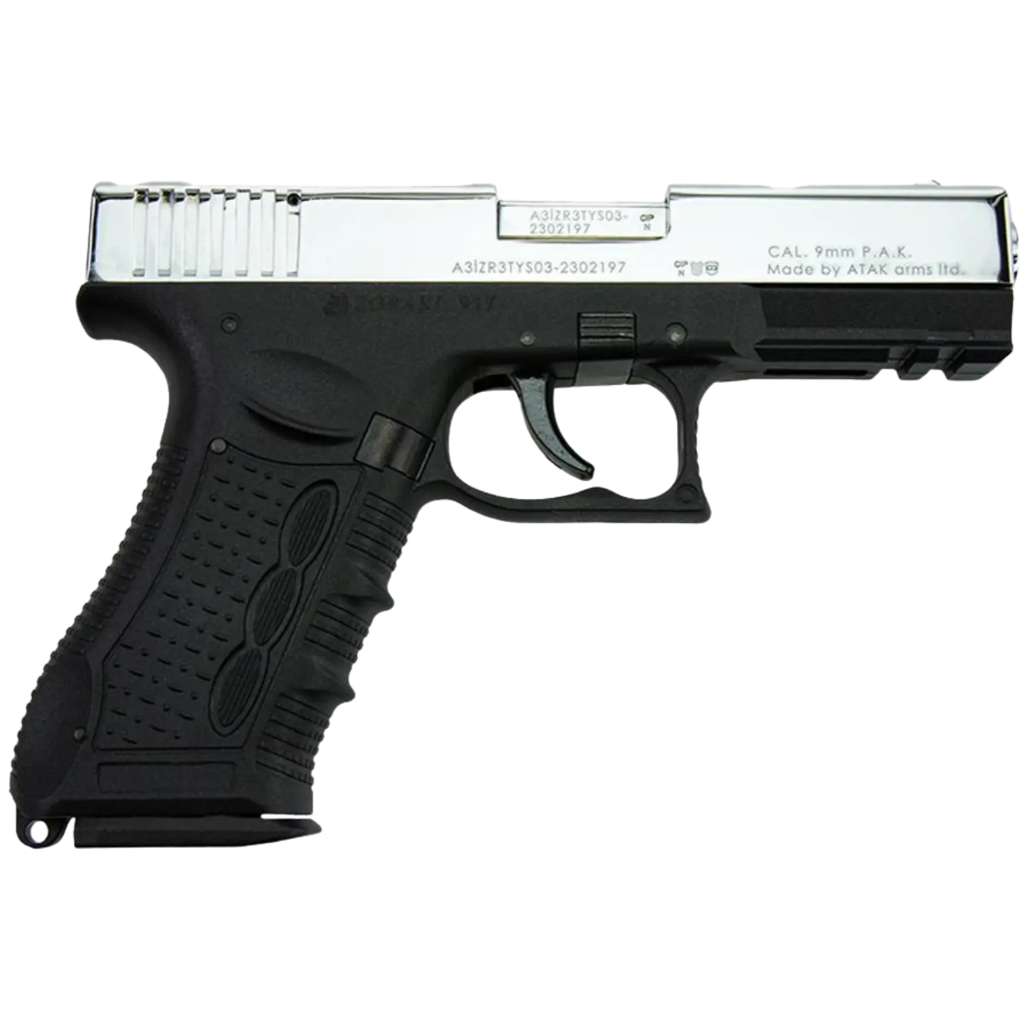 Schreckschusswaffe Zoraki 917 chrom mit robustem Griff und schwarzem Gehäuse.