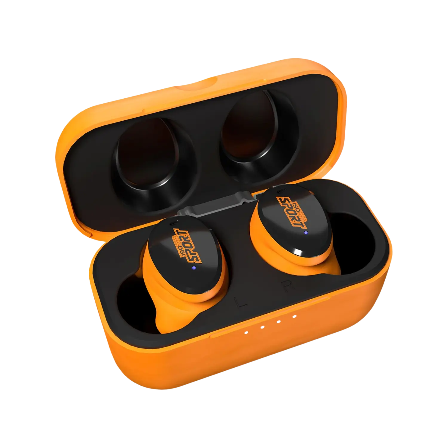 Isotunes Caliber Bluethooth Ohrhörer orange - Limited Edition Orangefarbene Isotunes Caliber Sport Ohrstöpsel mit schwarzer Oberfläche und Ladecase, beide mit 'ISO SPORT' Schriftzug.