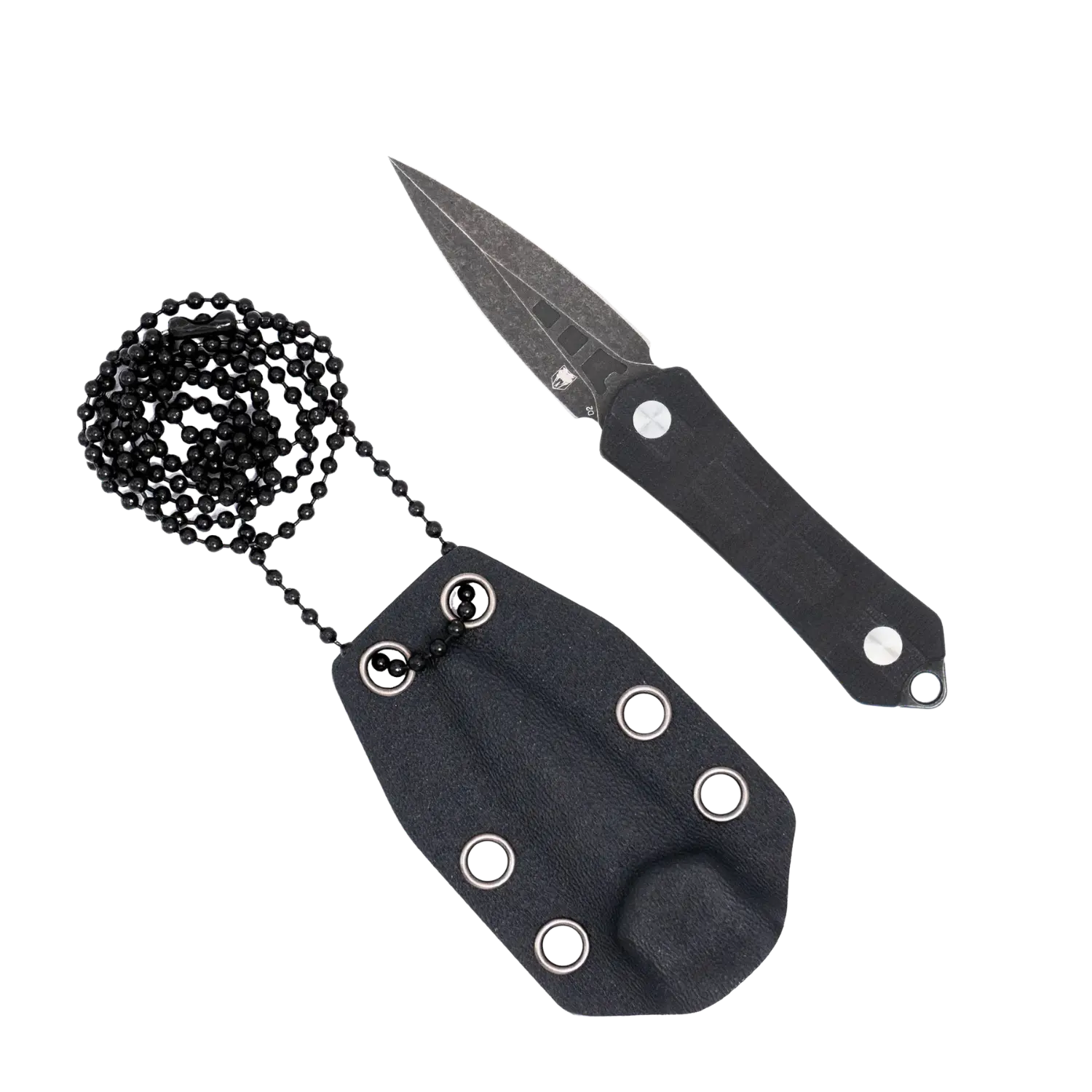 CobraTec Guardian Neck Knife Dagger mit schwarzer Klinge, schwarzem Griff und passender schwarzer Scheide mit Metallösen und schwarzer Kugelkette