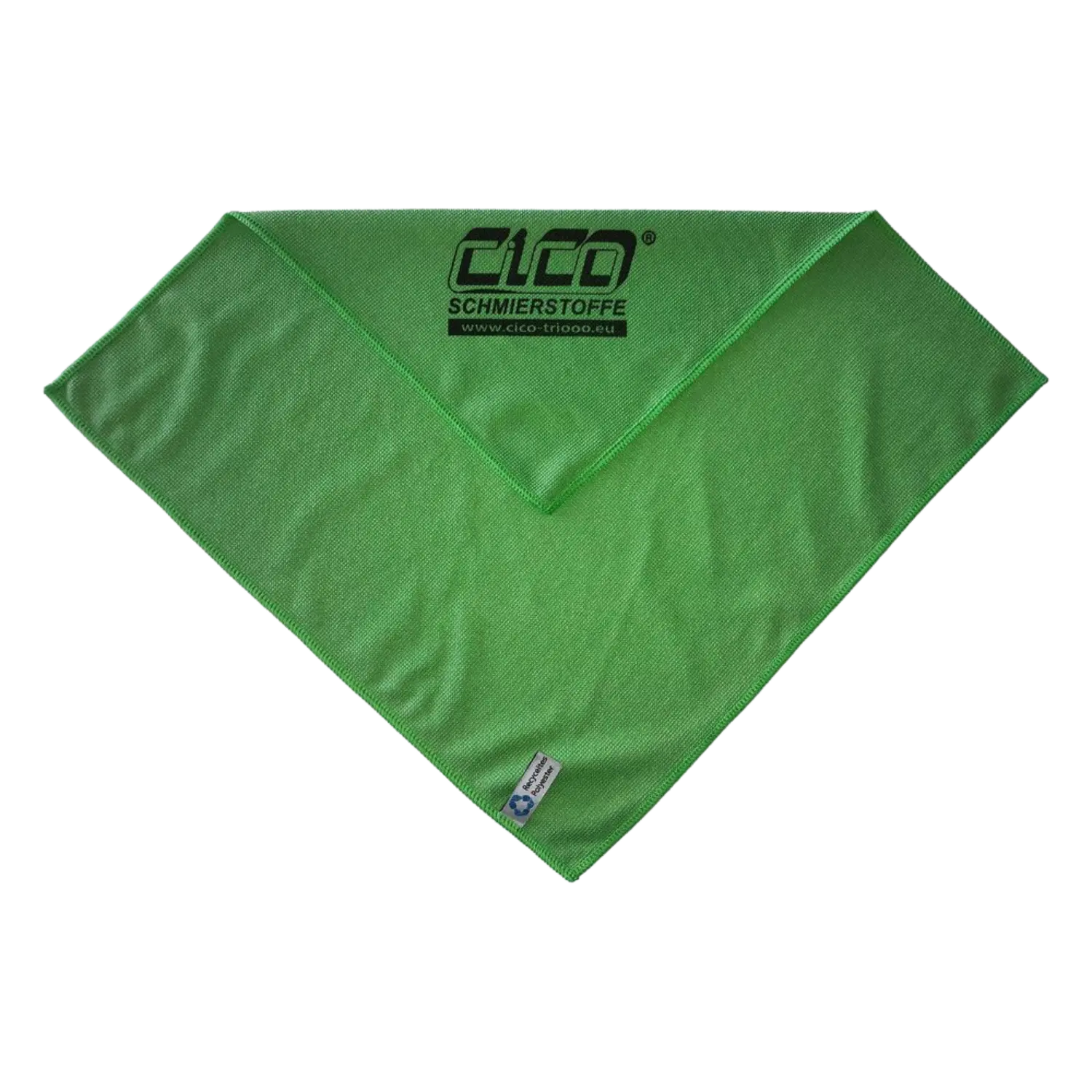 Grünes quadratisches Tuch mit schwarzem Schriftzug 'CICO SCHMIERSTOFFE www.cico-triooo.eu' in einer Ecke.