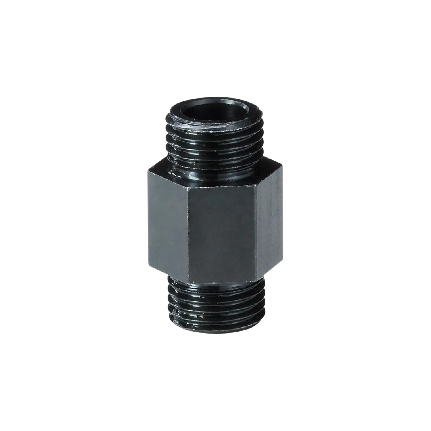 Schwarzer Adapter mit zwei Außengewinden, sechseckiger Form, für Luftdruckwaffen. Sichtbare Gewinde an beiden Enden.