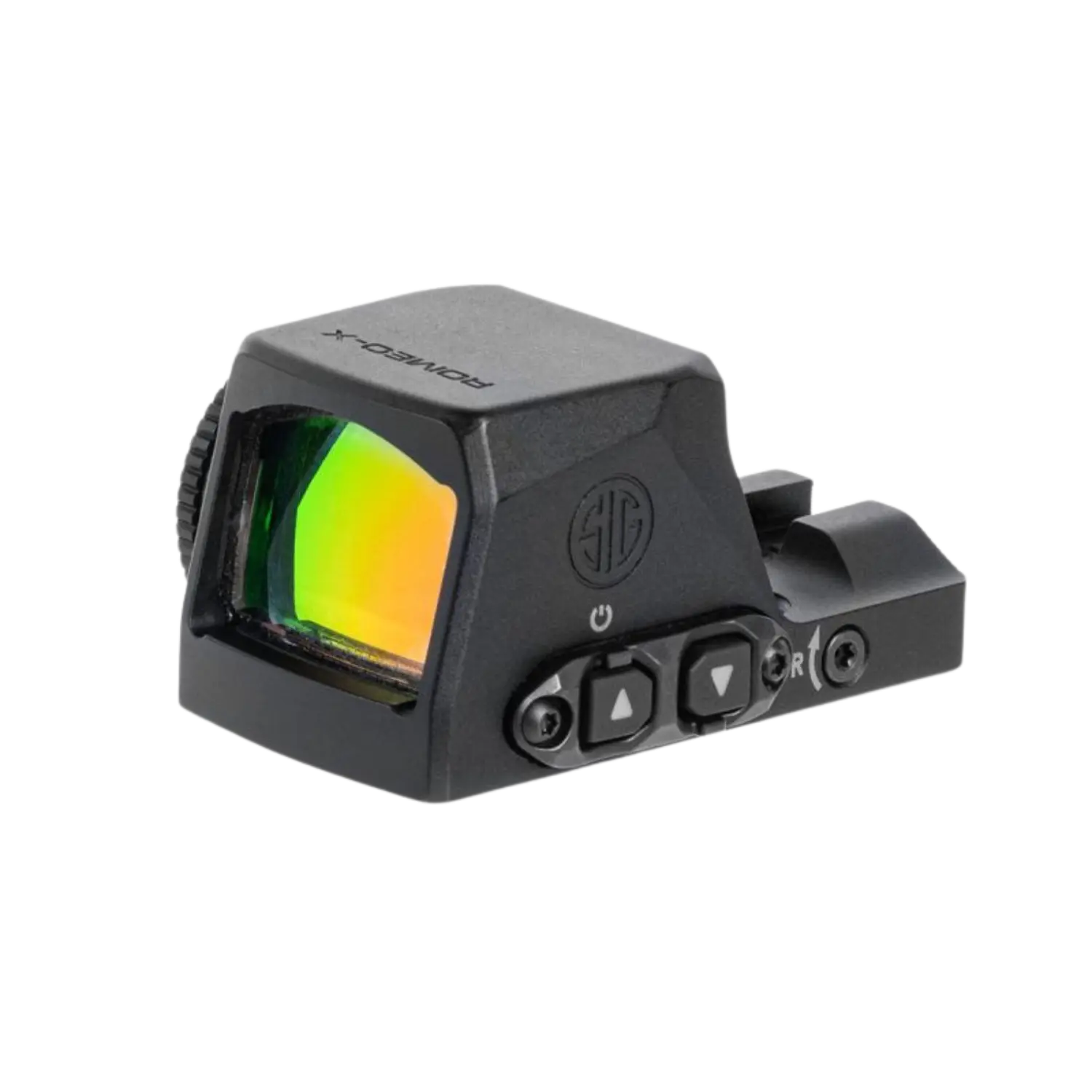 Schwarzes Sig Sauer Romeo X Pro Rotpunktvisier mit rechteckiger Linse und Bedientasten an der Seite.
