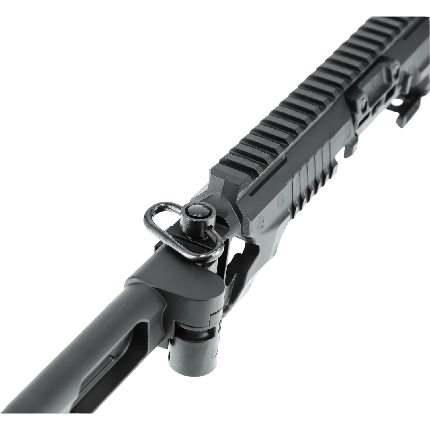 Detailansicht eines Carbine Conversion Kits TR50, mit einem schwarzen, strukturierten Gehäuse und einer Picatinny-Schiene auf der Oberseite.