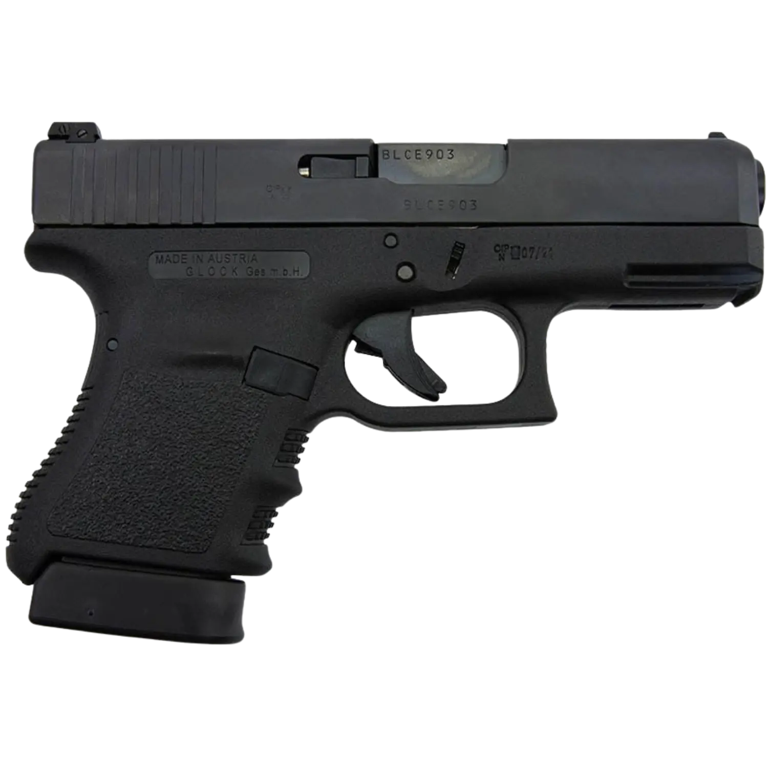 Glock 36 Kaliber .45Auto Glock 36, Kaliber .45 Auto, schwarze Polymer-Pistole mit abgerundetem Griff und Magazinverlängerung, seitliche Beschriftung sichtbar.
