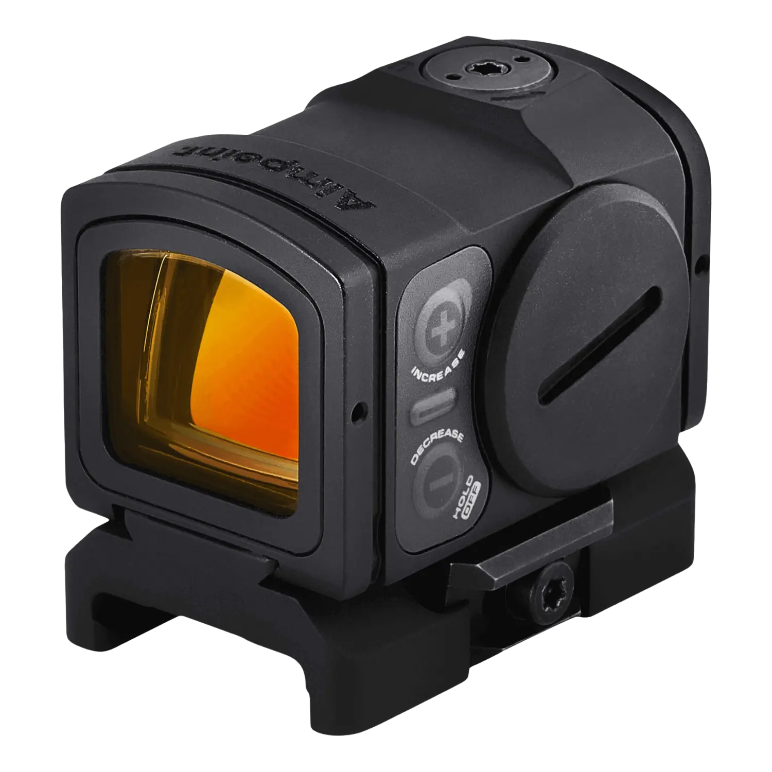 Schwarzes Aimpoint Acro C-2 Rotpunktvisier mit rechteckigem Sichtfenster und Bedientasten an der Seite, montiert auf Weaver-Schiene.