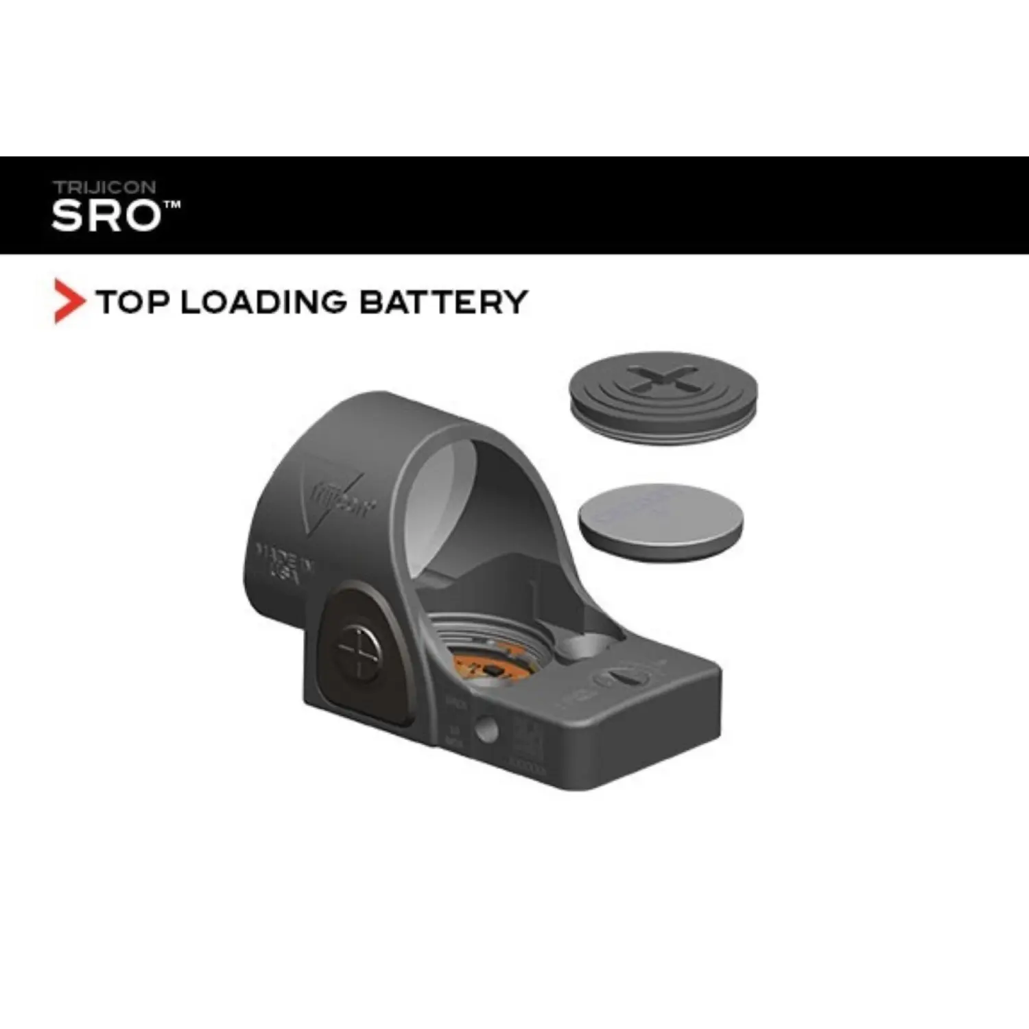 Schwarzes Trijicon SRO Zielgerät mit geöffnetem Batteriefach und zwei runden Batterien, Text 'TOP LOADING BATTERY'