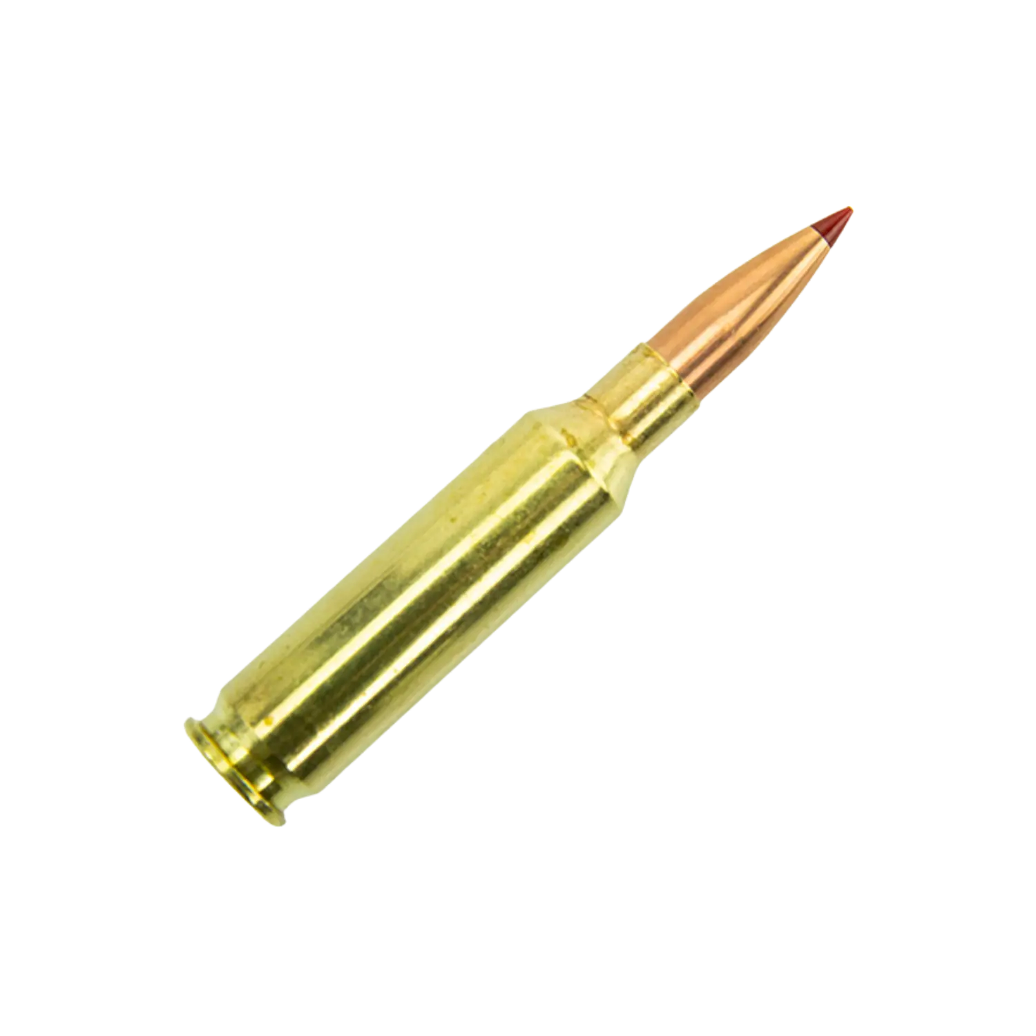 Eine Patrone mit einem goldfarbenen Gehäuse und einer spitzen, kupferfarbenen Spitze. Die Patrone ist aufrecht positioniert.