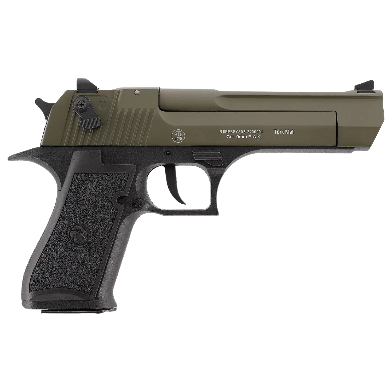 Retay Big Fifty LW Oliv 9mm P.A.K. Schreckschusspistole Retay Big Fifty LW Schreckschusswaffe in olivgrün mit schwarzem Griff. Auf der linken Seite steht 'RETAY BIG FIFTY LW Cal. 9mm P.A.K.'.