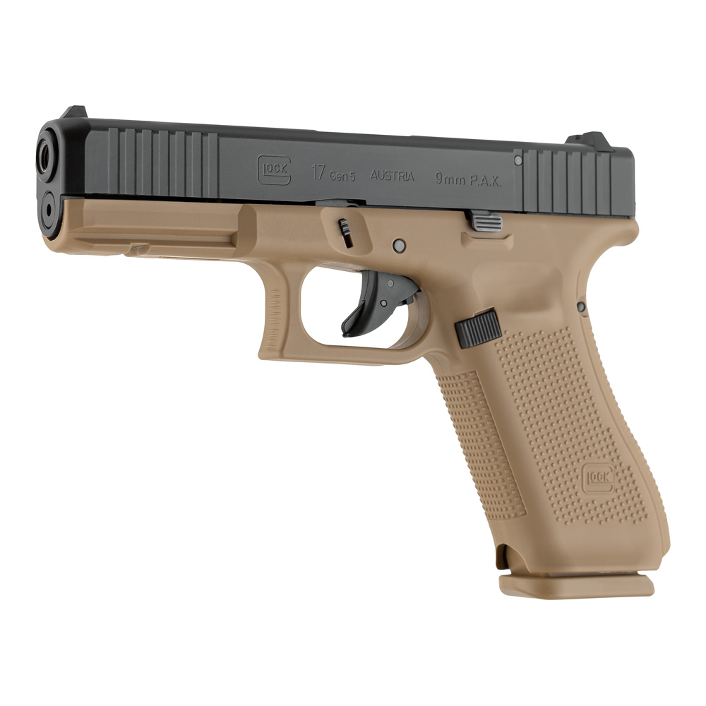 Glock 17 Gen5 Coyote 9mm PAK. Realistisches Schussverhalten durch ein Verschlussfedersystem